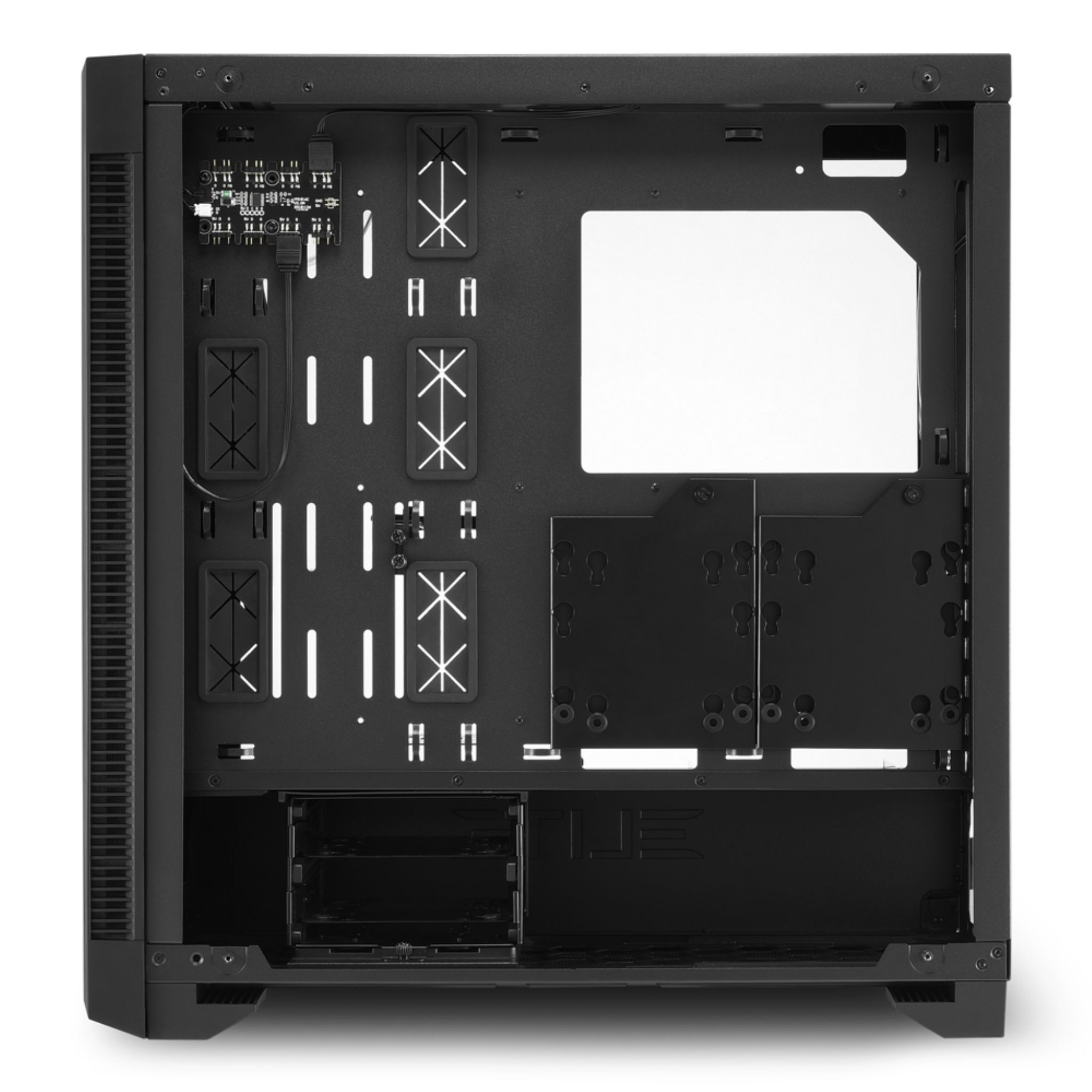 Computer case interior, black. Various mounting points and components visible. Isolated on white background.