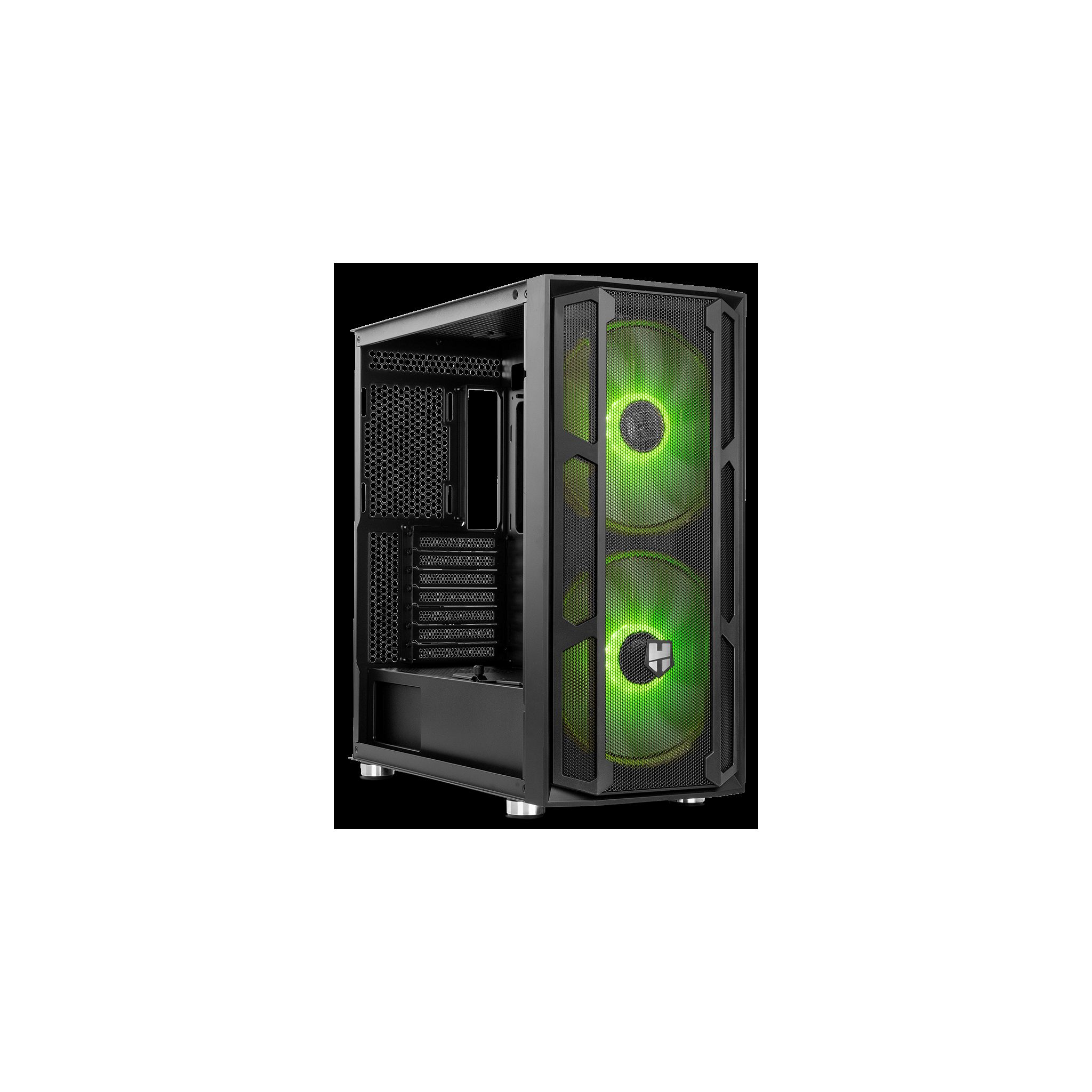 Case per computer nero con ventole verdi e una parte anteriore a rete.