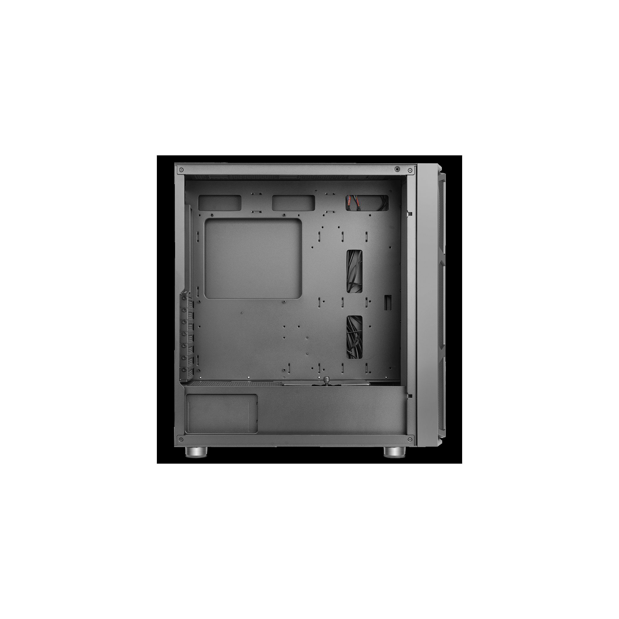 Interno vuoto di un case per computer, che mostra la struttura interna.
