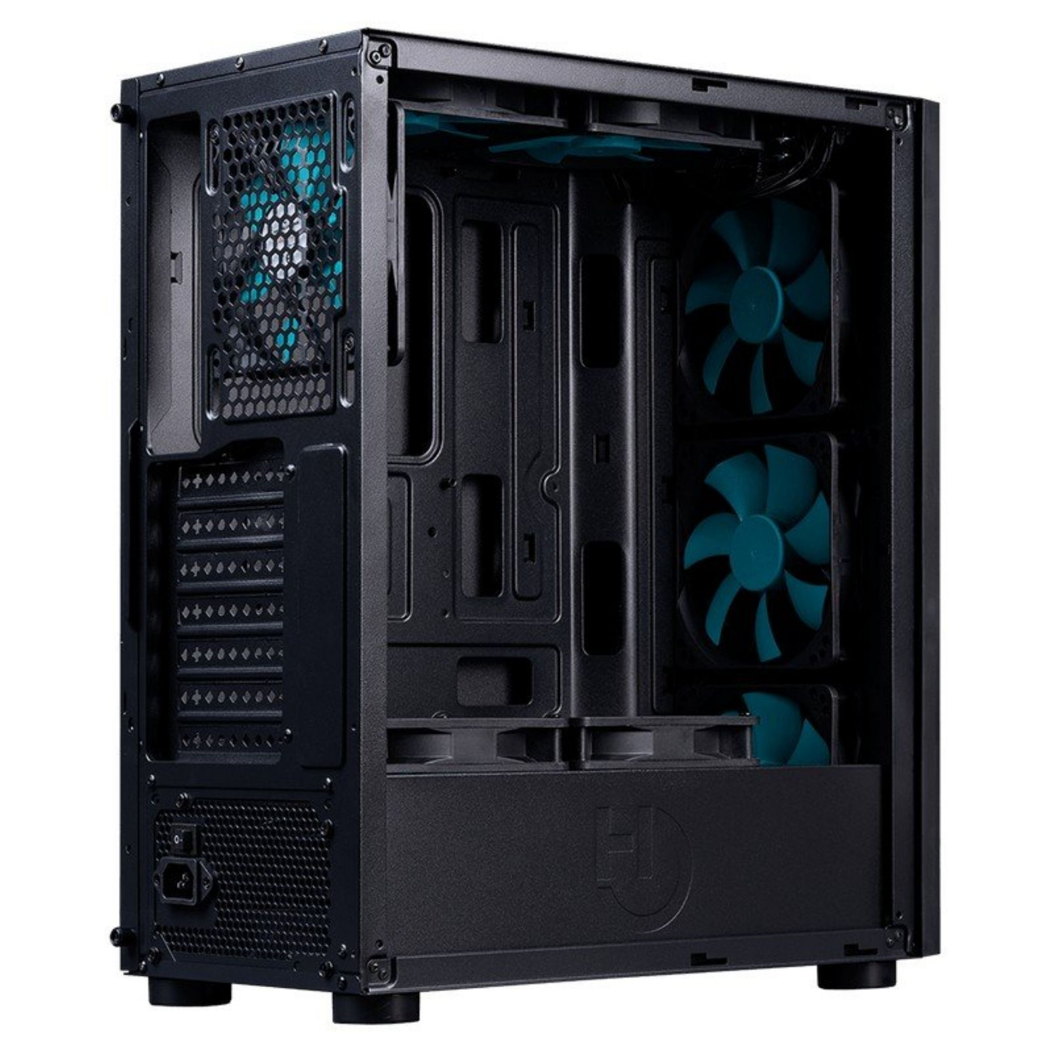 Un case per computer nero con ventole blu e vista dei componenti interni.