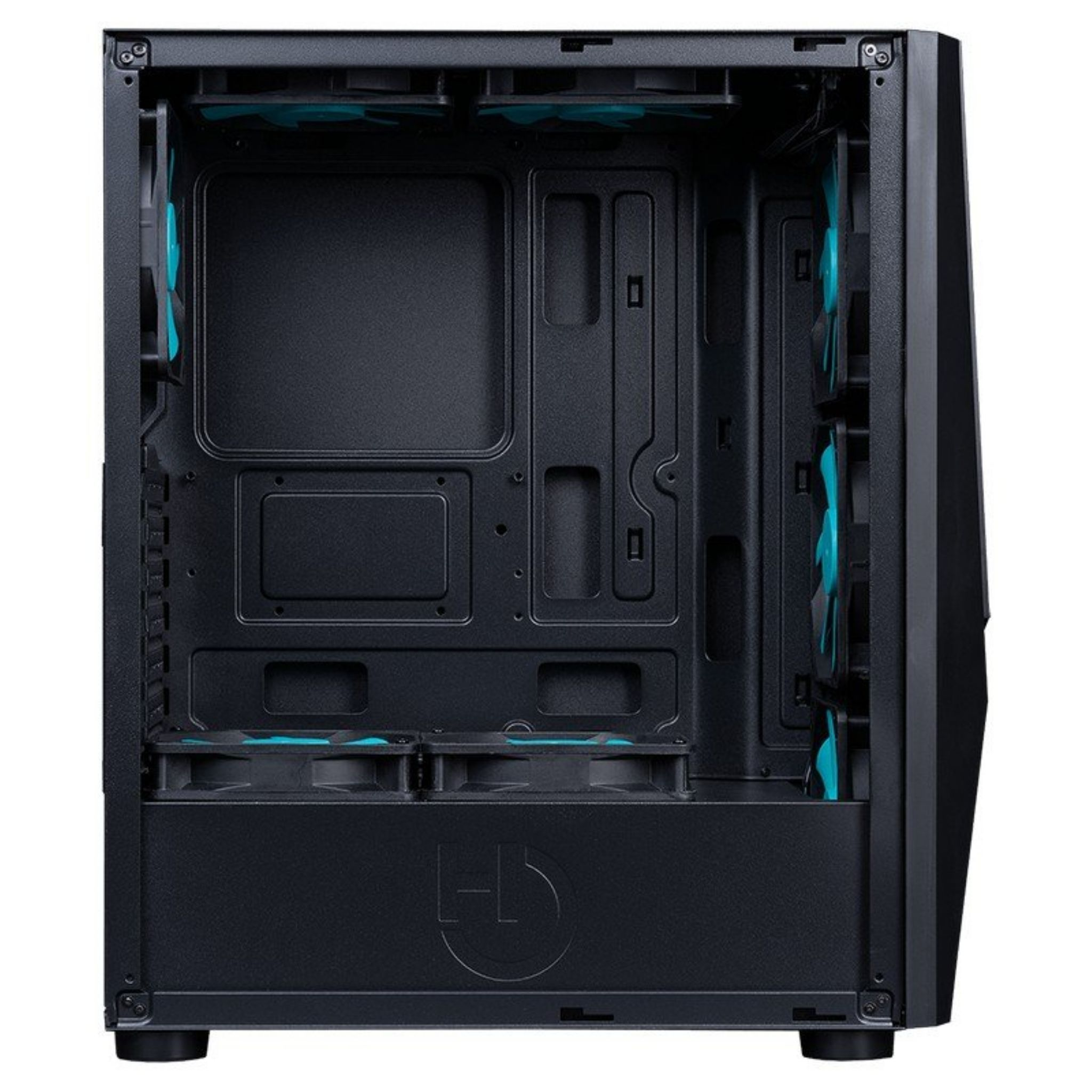 Case per computer nero con più slot per ventole e layout interno visibile.