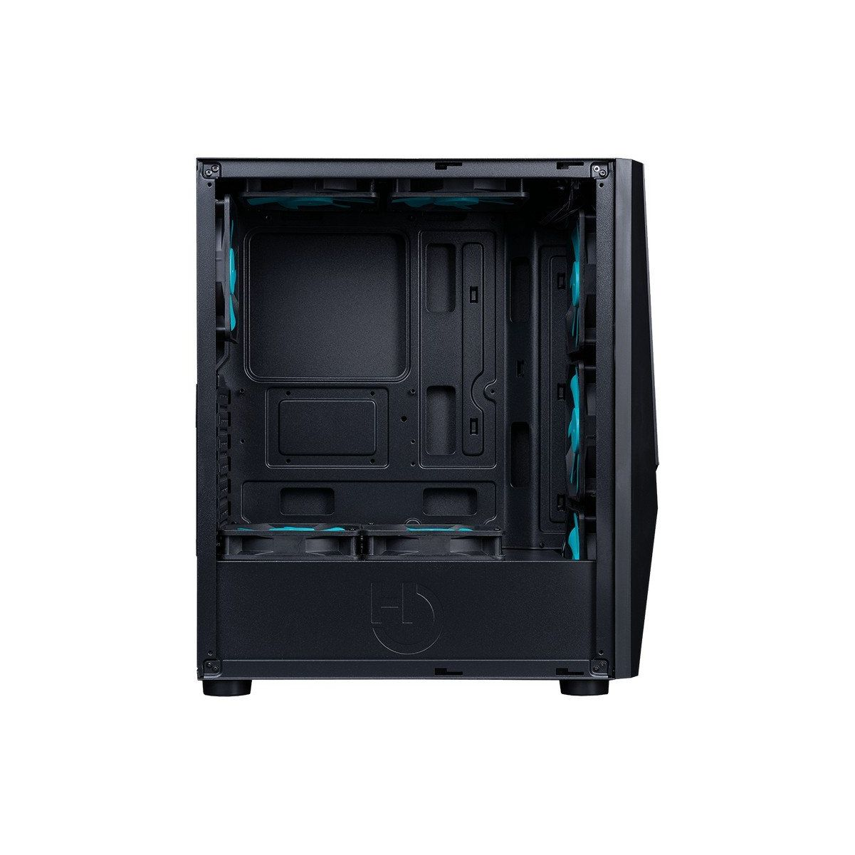 Interno di un case per computer nero, che mostra i componenti interni, i supporti per ventole e la struttura.