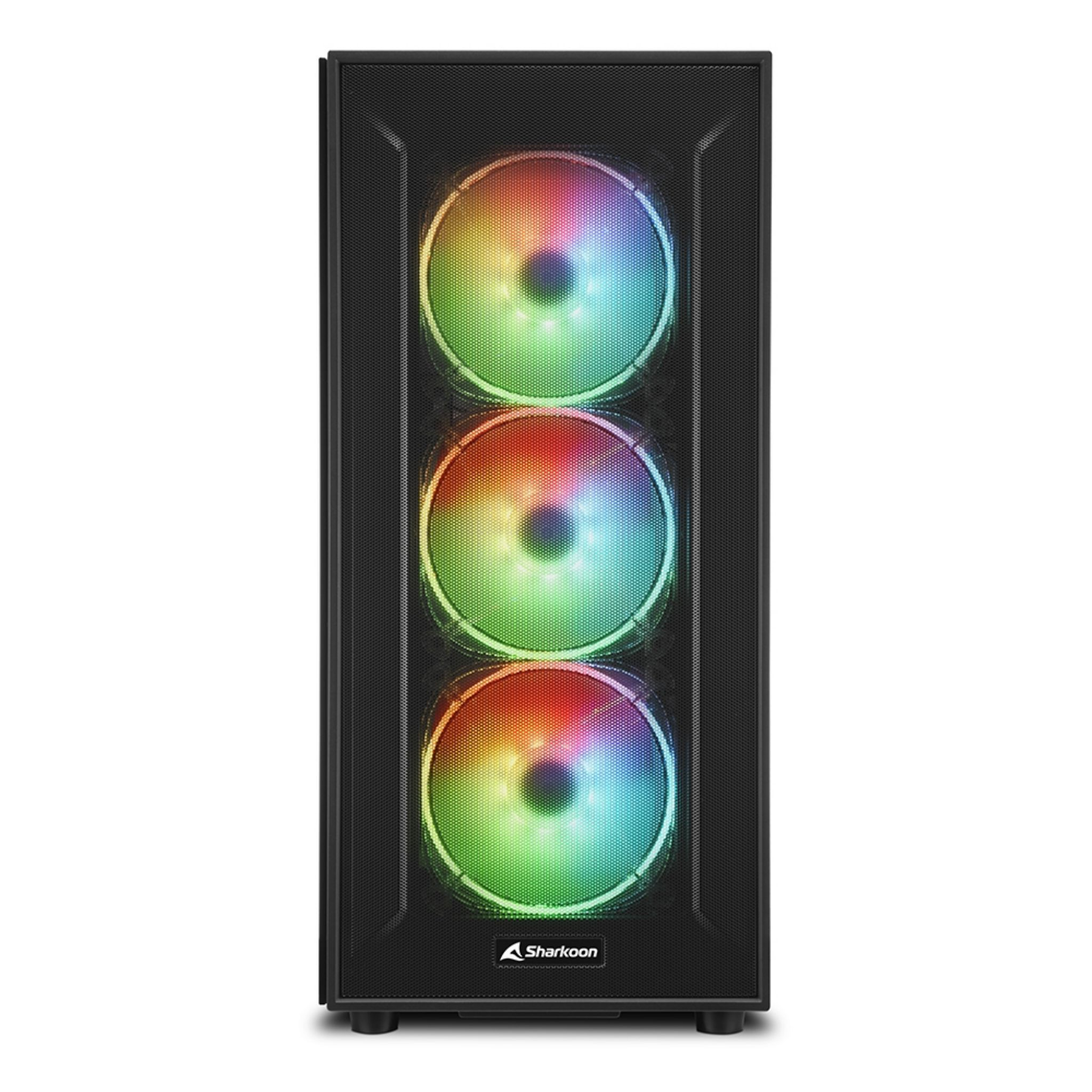 Zwarte computerkast met drie kleurrijke RGB-ventilatoren.