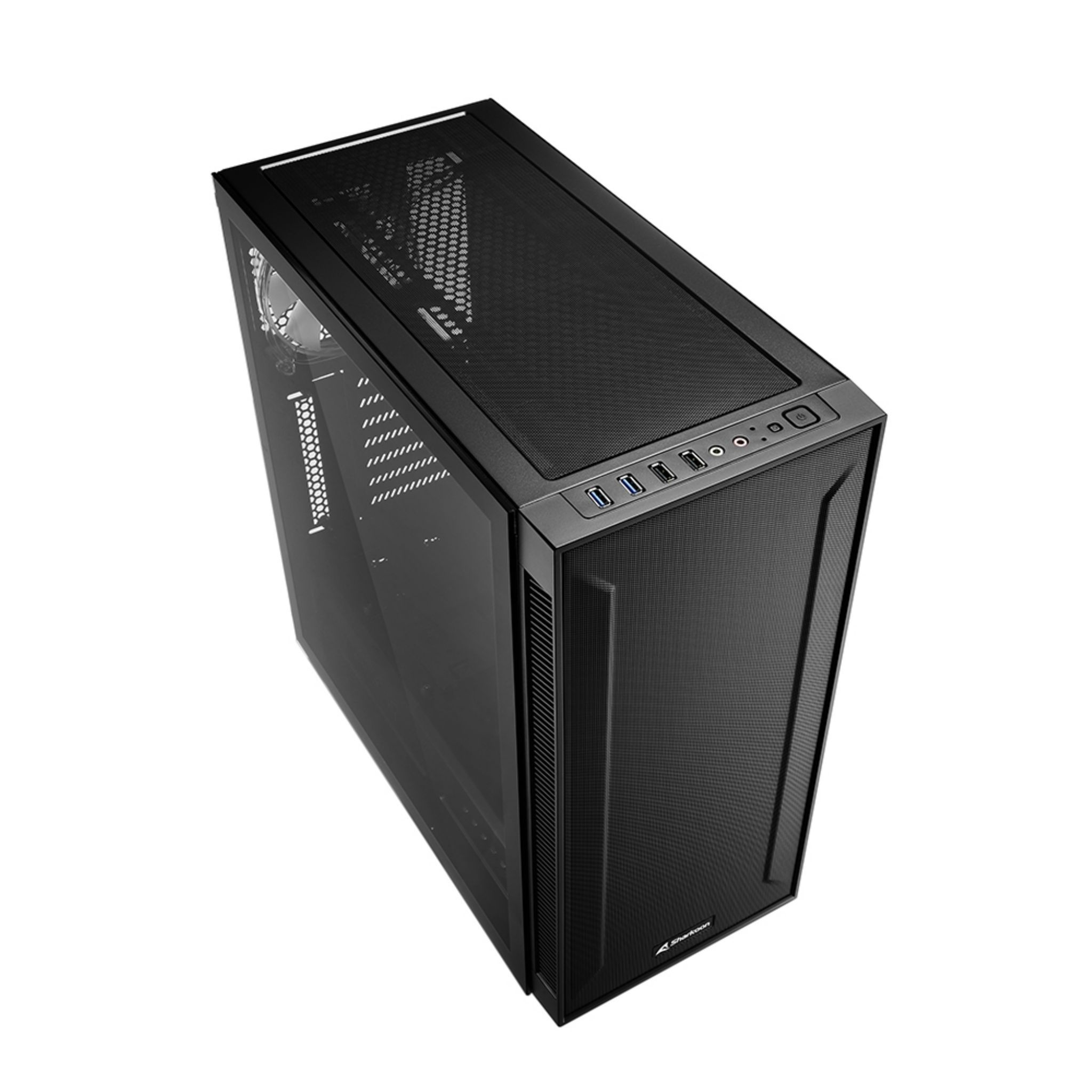Zwarte computerkast met een glazen zijpaneel en een gaas voorpaneel.