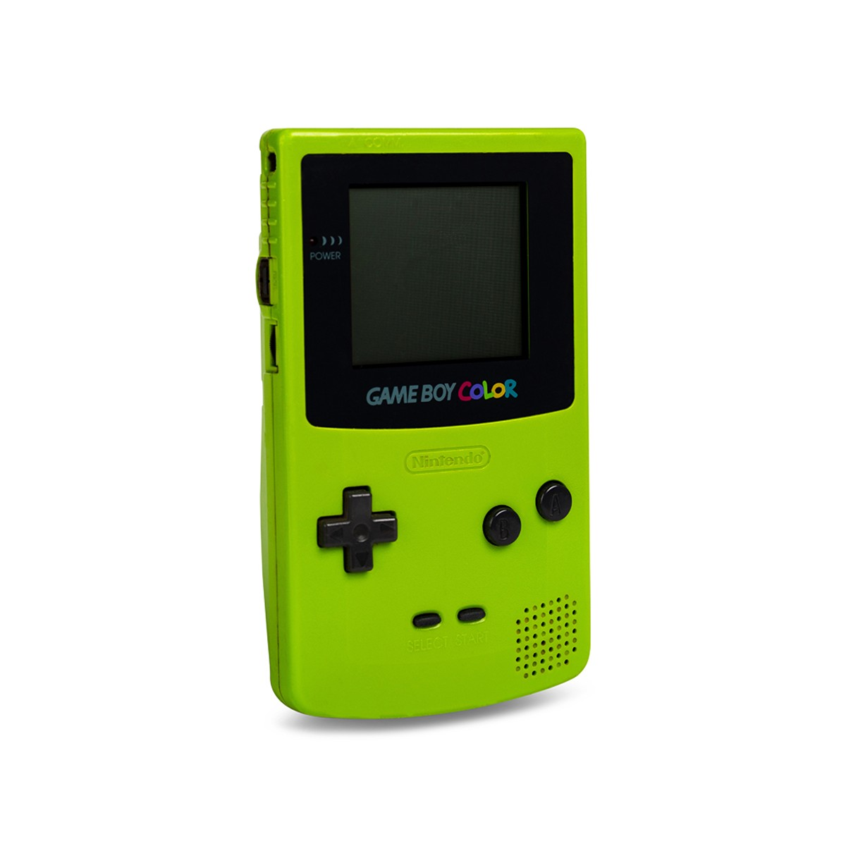 Grüne Game Boy Color Handheld-Konsole auf weißem Hintergrund.