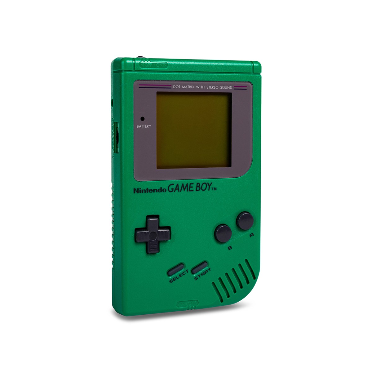 Grünes Nintendo Game Boy. Es hat Knöpfe, einen Bildschirm und einen Steckplatz.