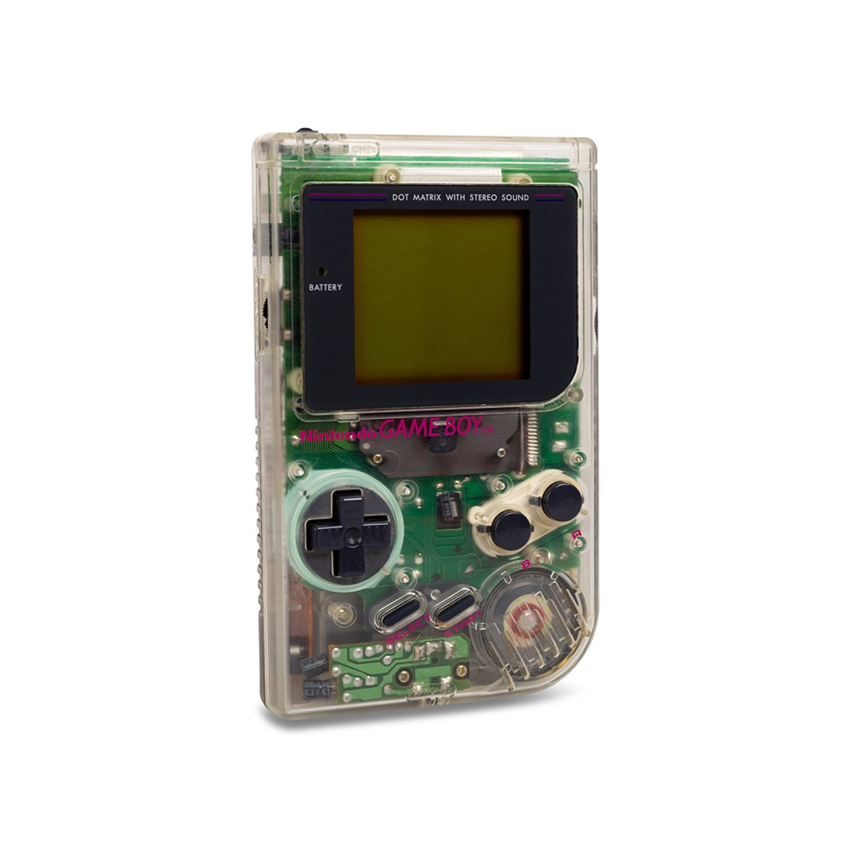 Transparenter Nintendo Game Boy, schräge Ansicht, zeigt interne Schaltkreise und Bildschirm.
