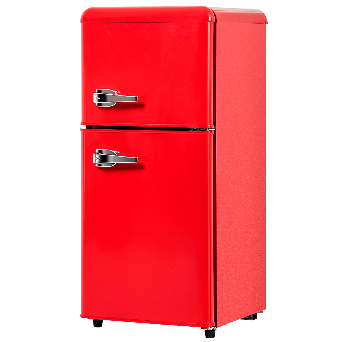 Roter Retro-Kühlschrank, zwei Türen, Chromgriffe. Klassisches Design, vor weißem Hintergrund.