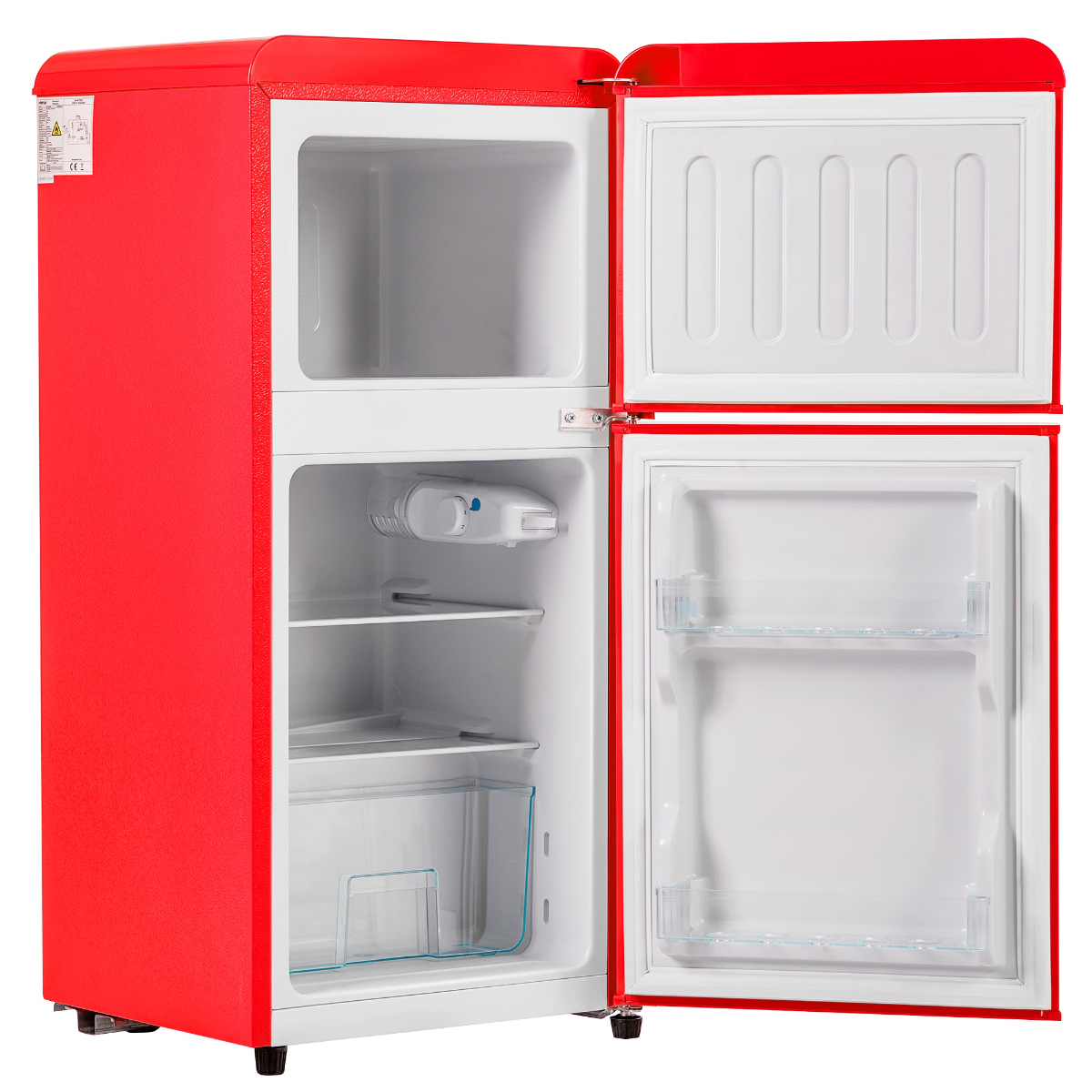 Roter Kühlschrank mit offenen Türen, Innenregalen und Fächern zeigend.