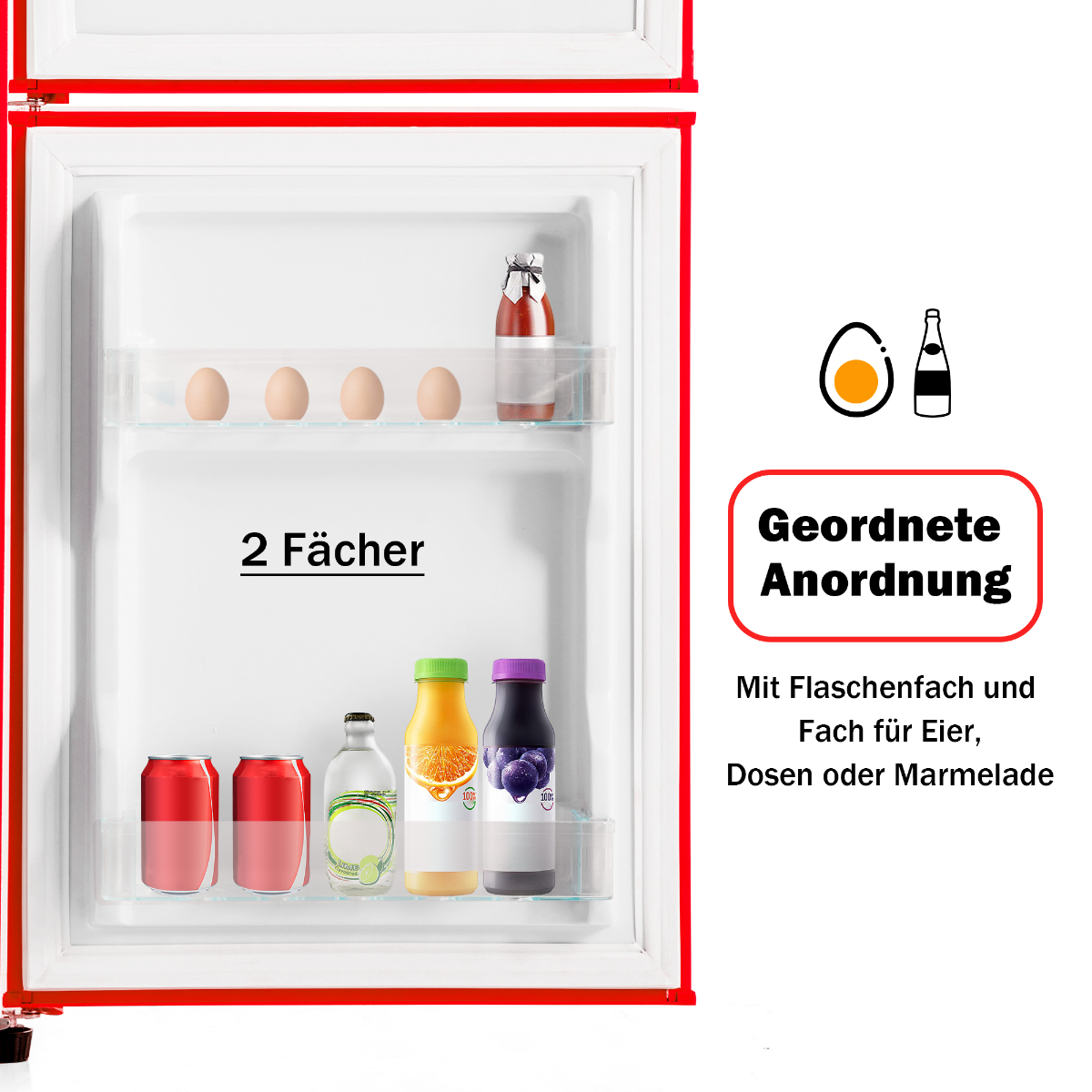 Roter Kühlschrankinnenraum mit Eiern, Flaschen und Dosen. Text: Geordnete Anordnung.