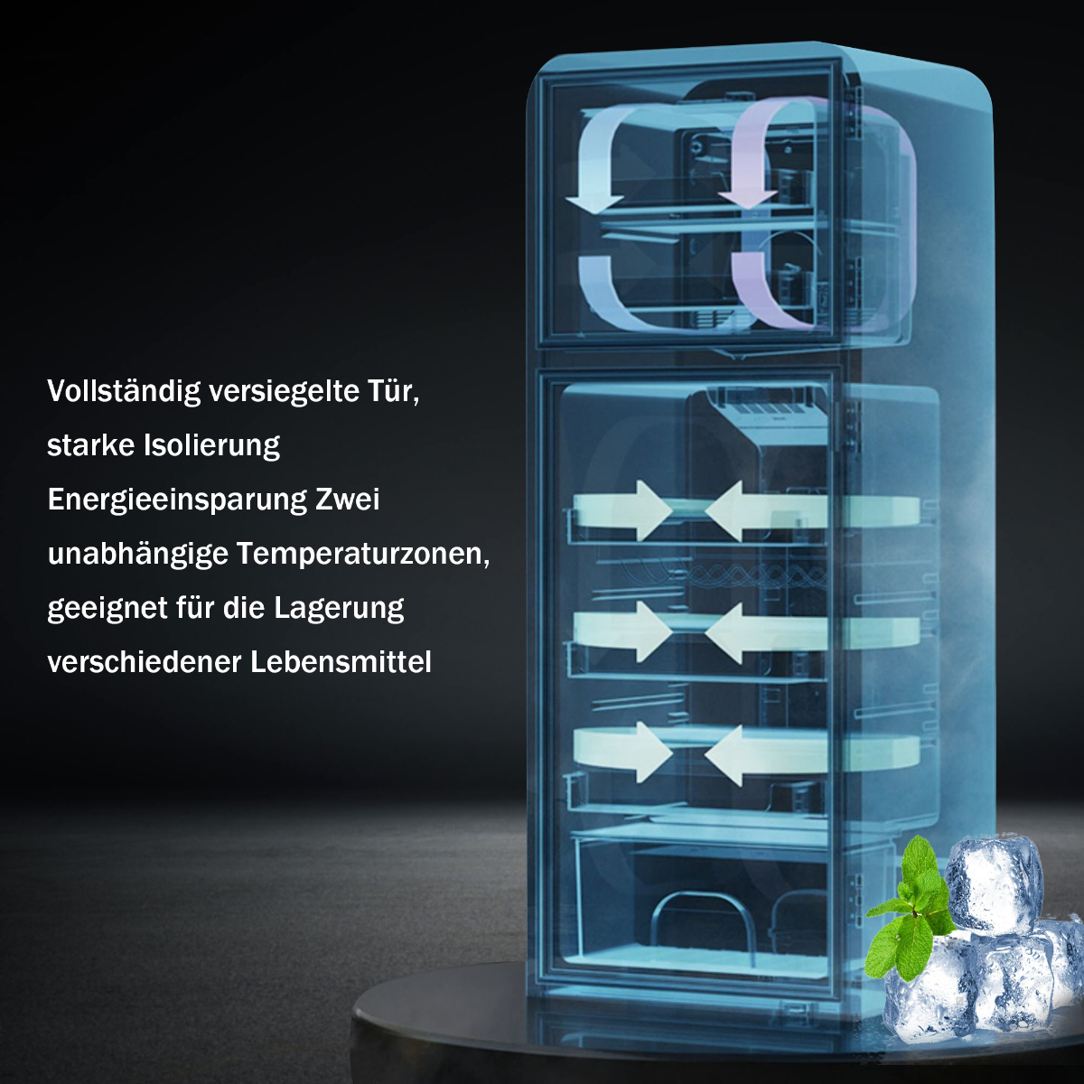 Kühlschrank, mit Pfeilen, die Luftzirkulation zeigen, und Eiswürfeln.