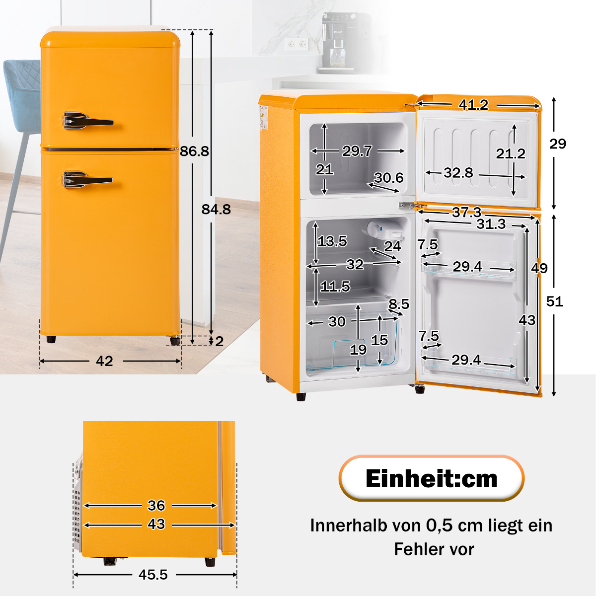 Gelber Retro-Kühlschrank mit Maßen. Geöffnete und geschlossene Ansichten mit Maßen in Zentimetern.