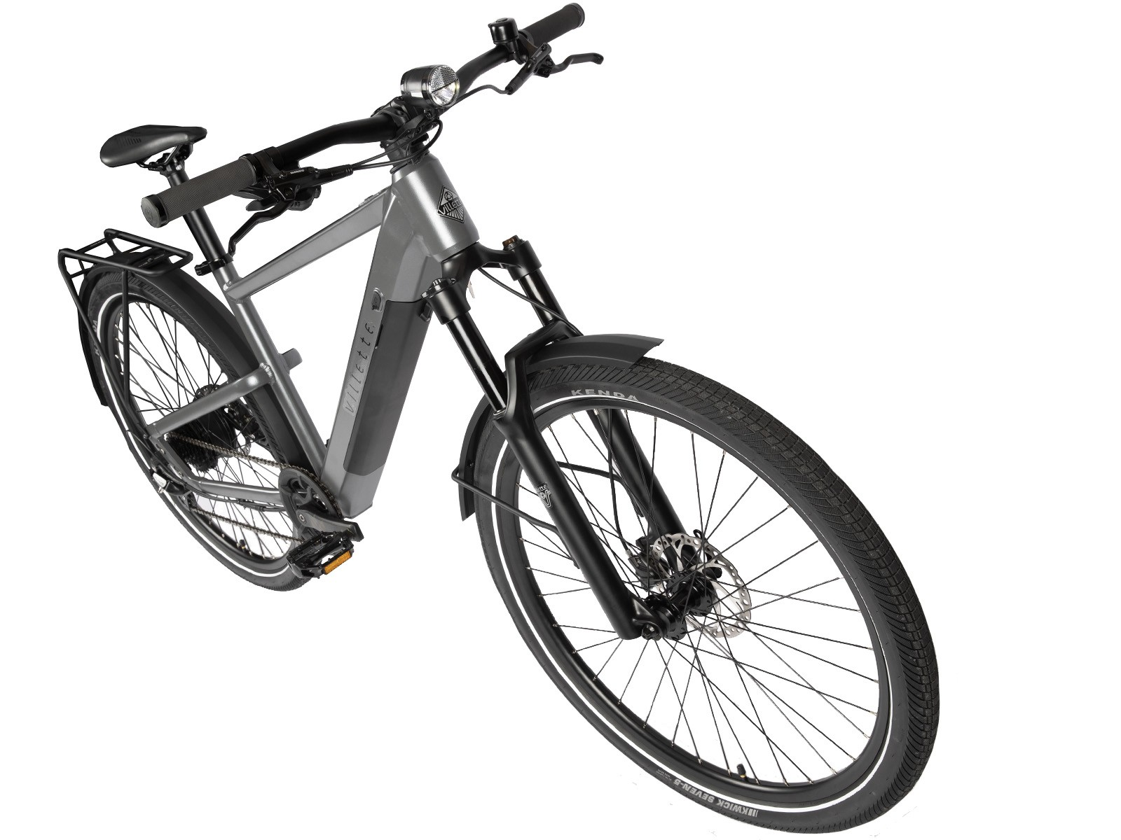 Ein elektrisches graues Fahrrad mit weißem Hintergrund.