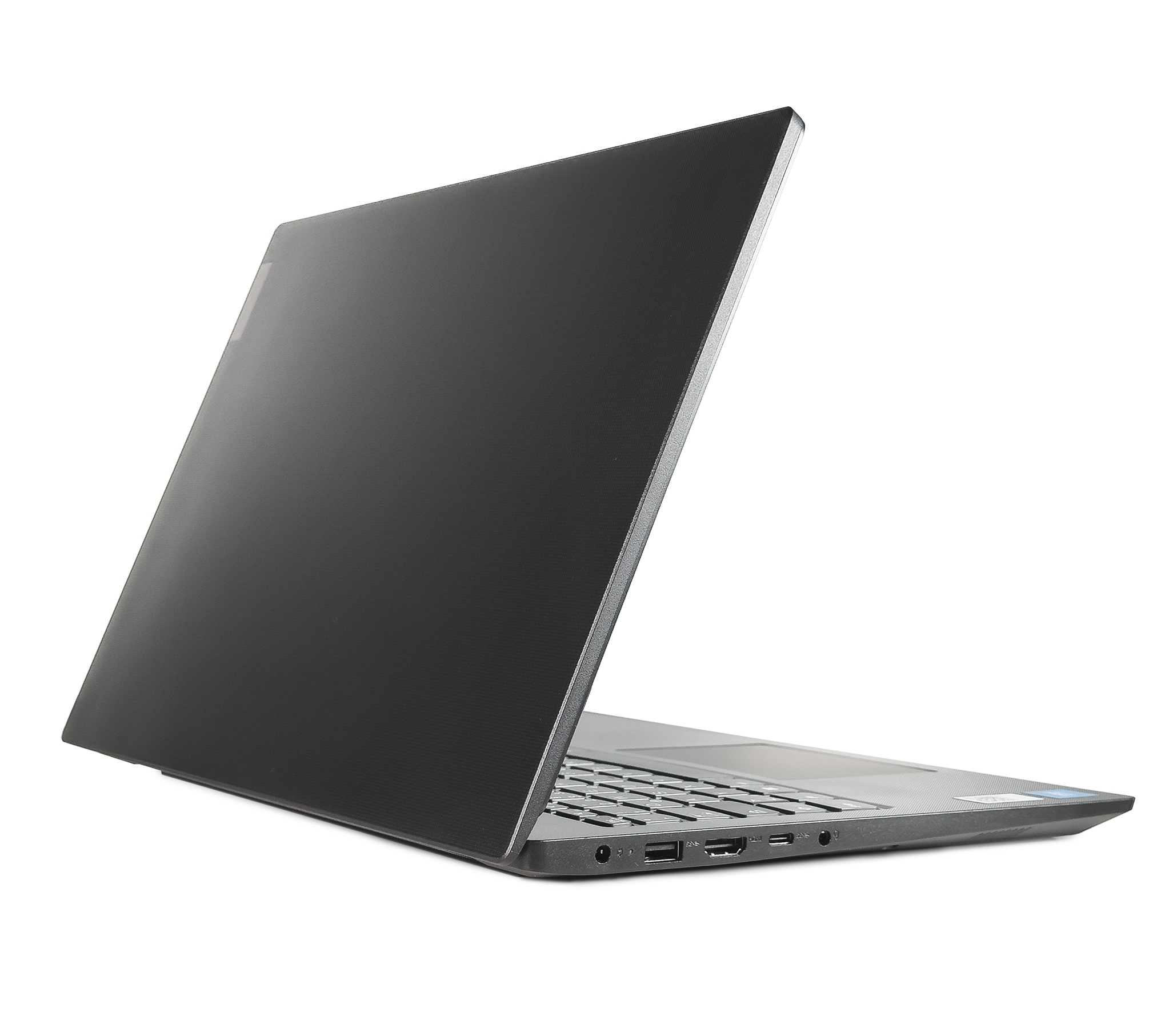 Schwarzer Laptop, offen, angewinkelte Ansicht. Der Bildschirm ist geöffnet. Die Rückseite ist grau.