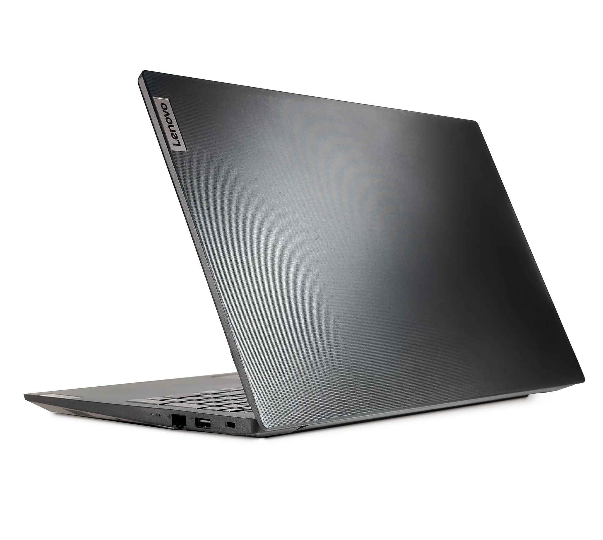 Dunkelgrauer Laptop, Lenovo-Logo auf dem Deckel, seitliche Ansicht, weißer Hintergrund.