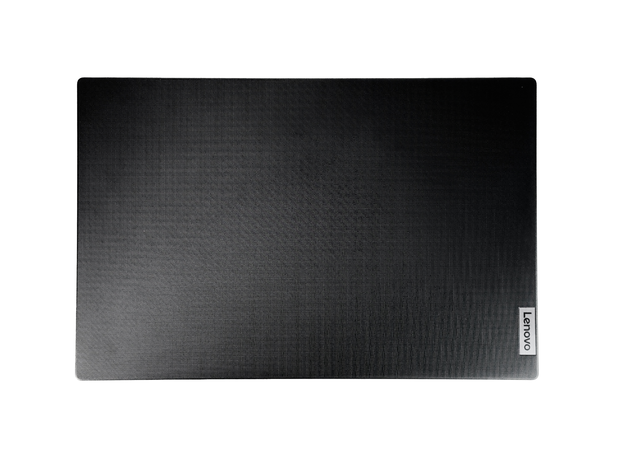 Schwarzer Laptop, Draufsicht, mit Lenovo-Logo unten rechts. Die Oberfläche ist strukturiert.