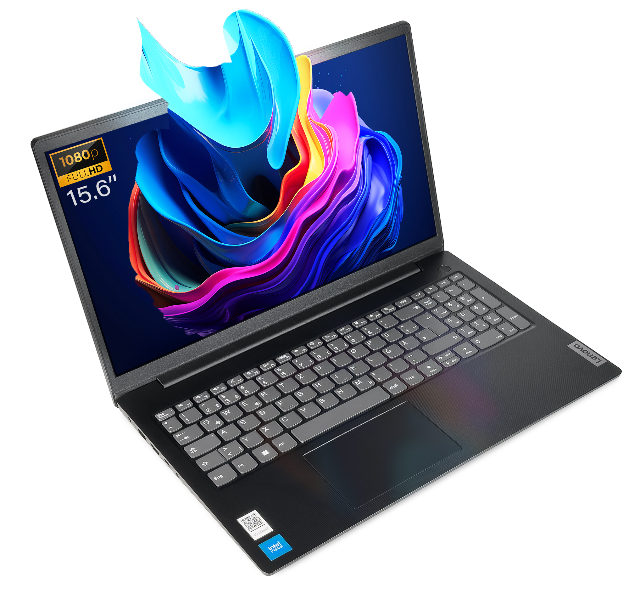 Schwarzer Laptop geöffnet, Bildschirm zeigt farbenfrohe abstrakte Kunst, Tastatur sichtbar.