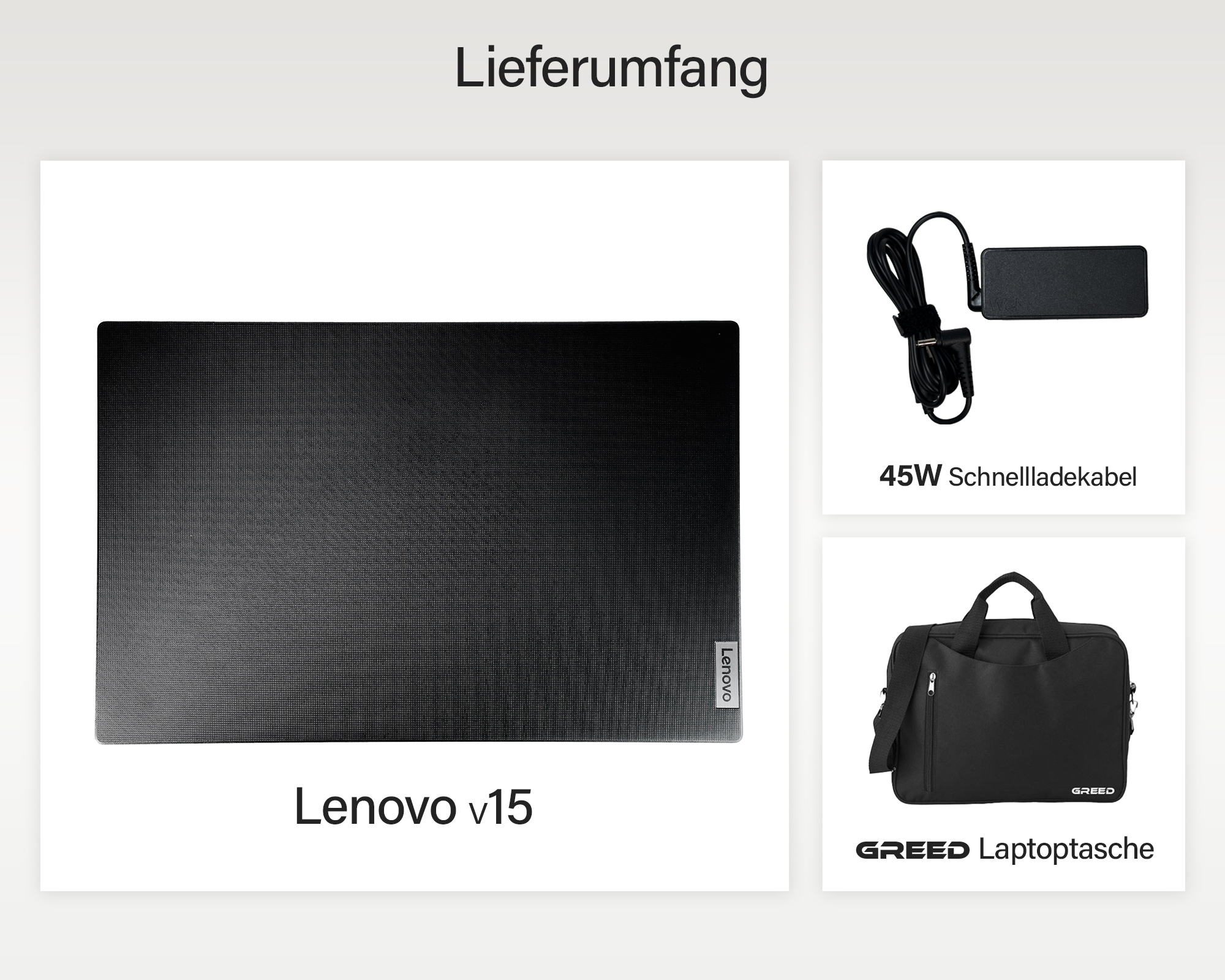 Laptop, Ladekabel und Laptoptasche auf weißem Hintergrund dargestellt.