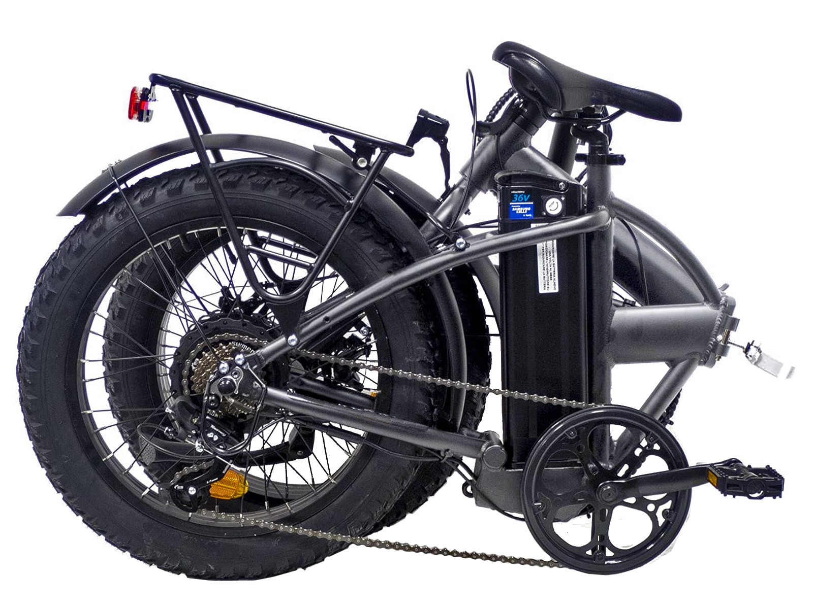 Schwarzes, zusammenklappbares Elektrofahrrad mit schwarzen Reifen. Der Akku ist am Rahmen montiert.