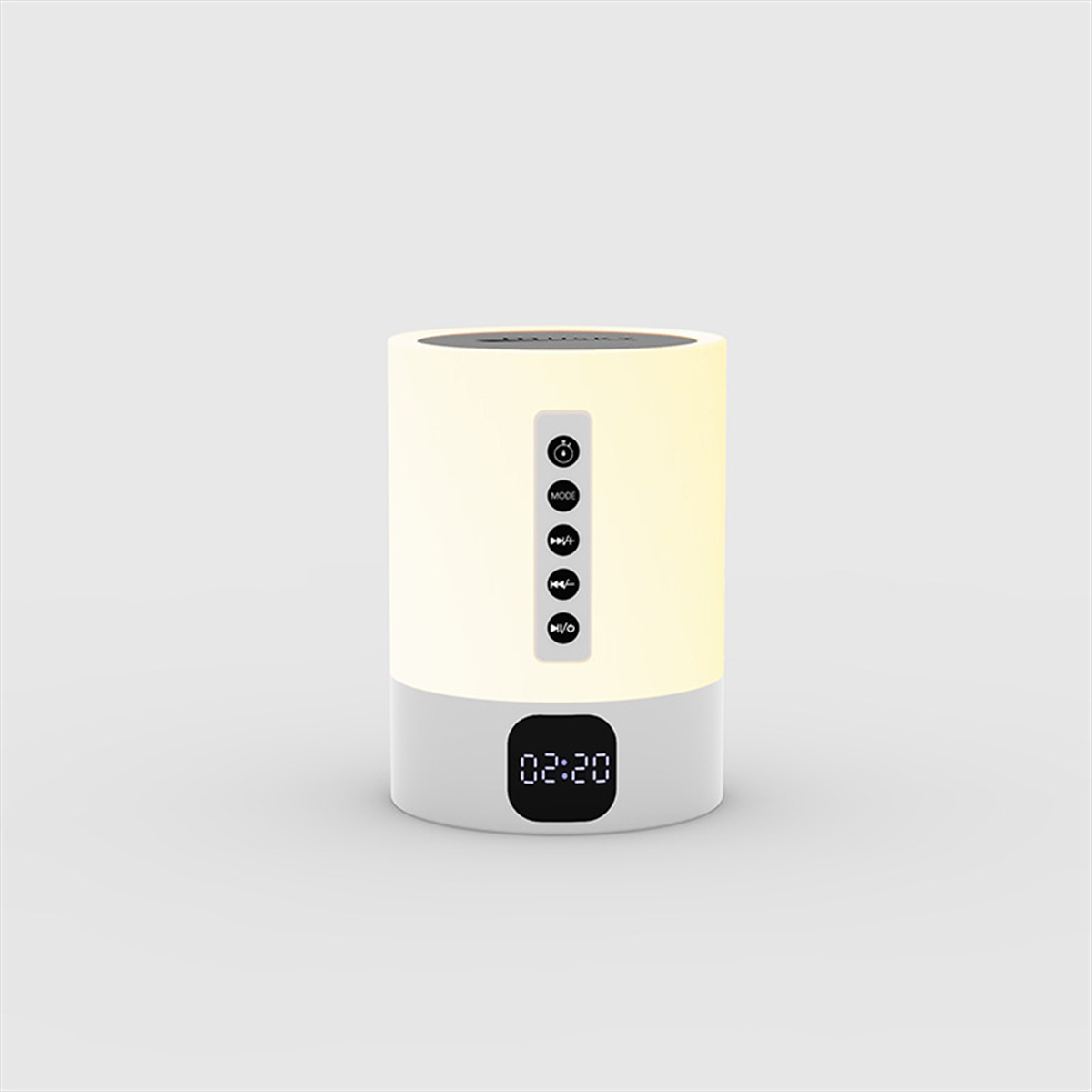 Zylindrische Nachttischlampe. Sie hat Touch-Bedienelemente und eine kleine Digitaluhr. Die Lampe ist weiß und grau.