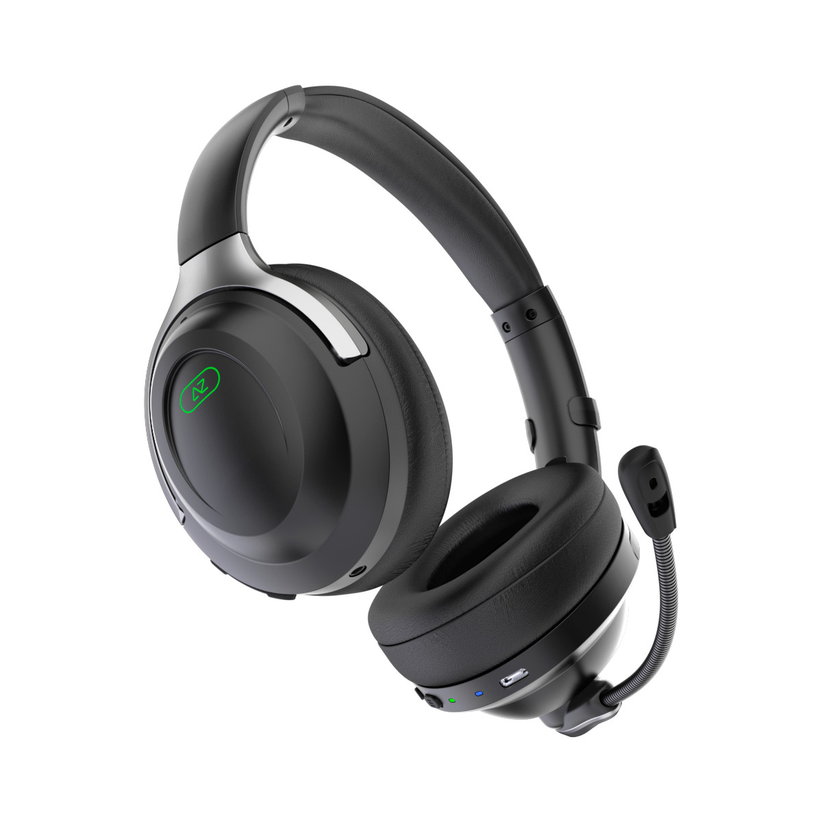 Czarny i szary zestaw słuchawkowy bezprzewodowy. Posiada mikrofon i znajduje się na białym tle.