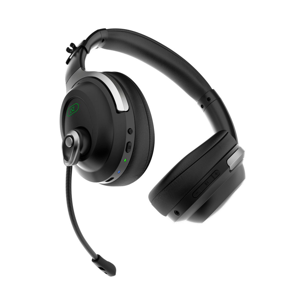 Czarne i srebrne słuchawki z dołączonym mikrofonem, białe tło.