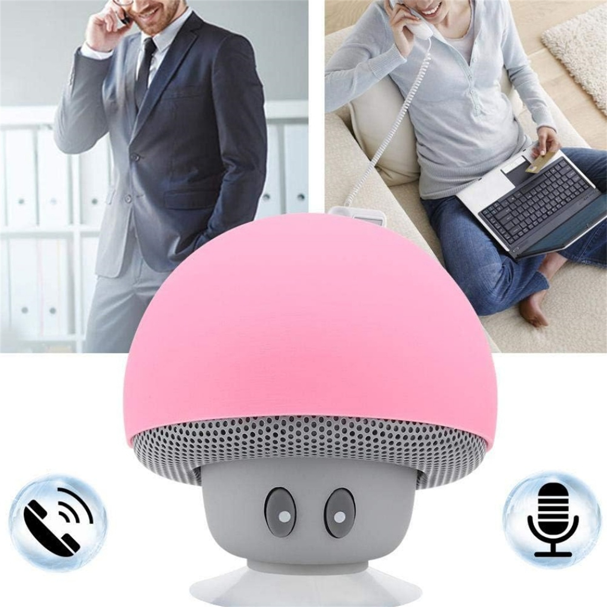 Ein rosa pilzförmiger Lautsprecher. Zwei Personen telefonieren. Weißer Hintergrund.