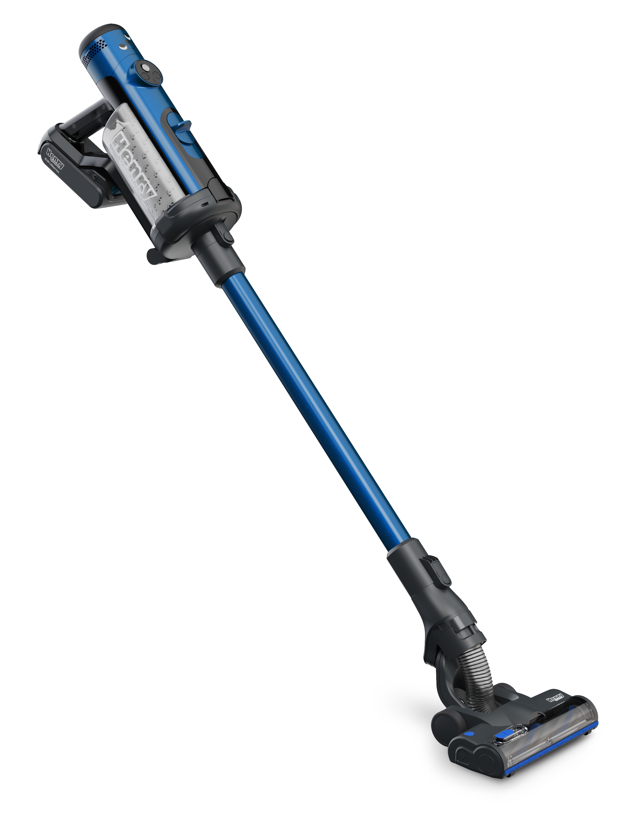 Blauwe en zwarte draadloze stofzuiger met een batterij op de handgreep.