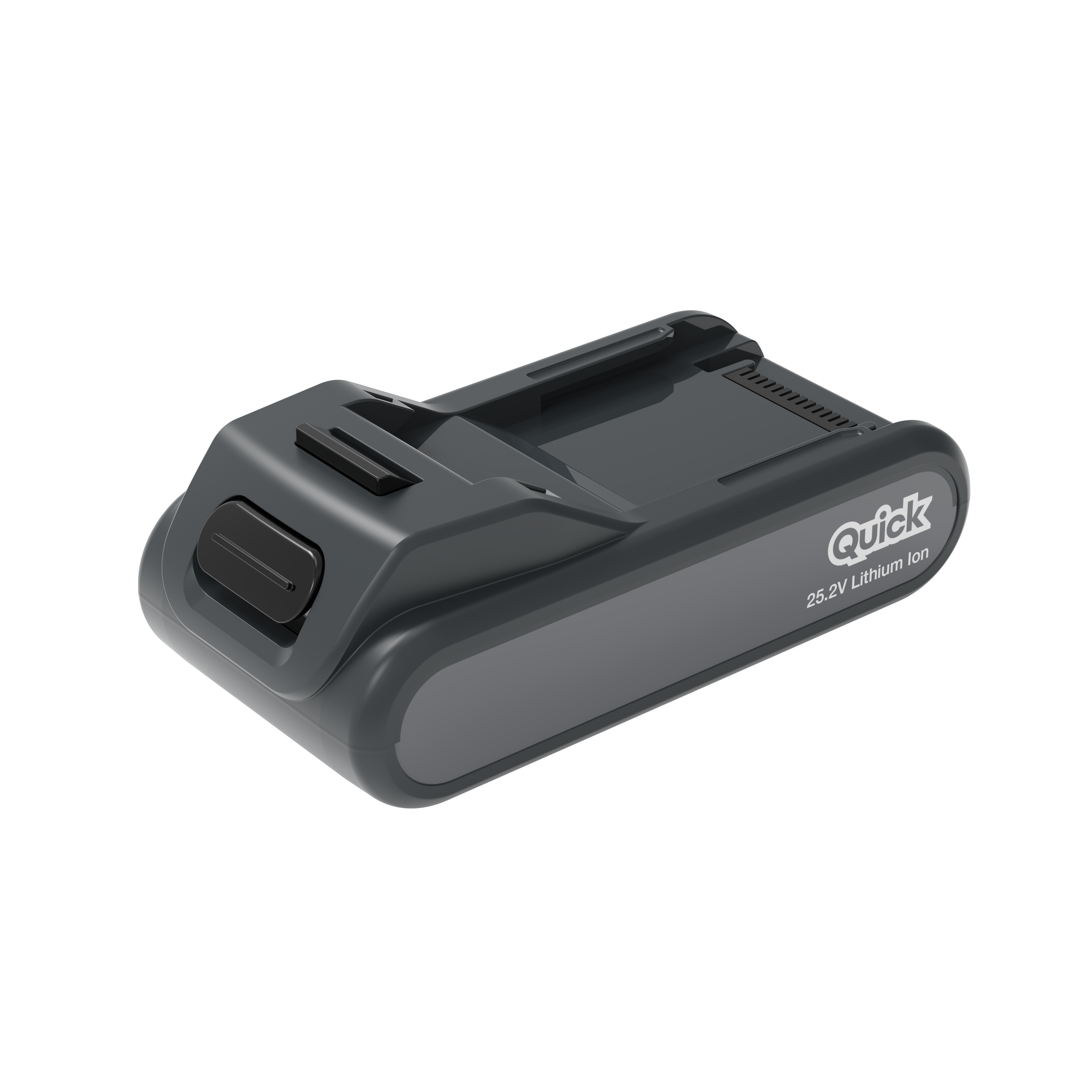 Una batteria grigia e nera per aspirapolvere del marchio Quick. Il marchio è visibile sul lato.