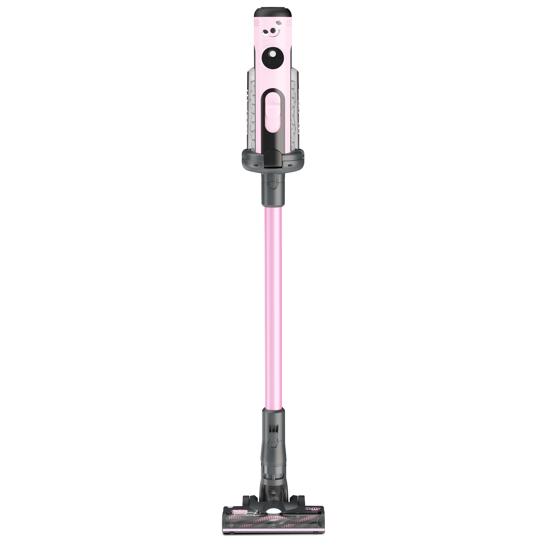 A pink and black stick vacuum cleaner. The image is taken from the front. The head is on the floor.