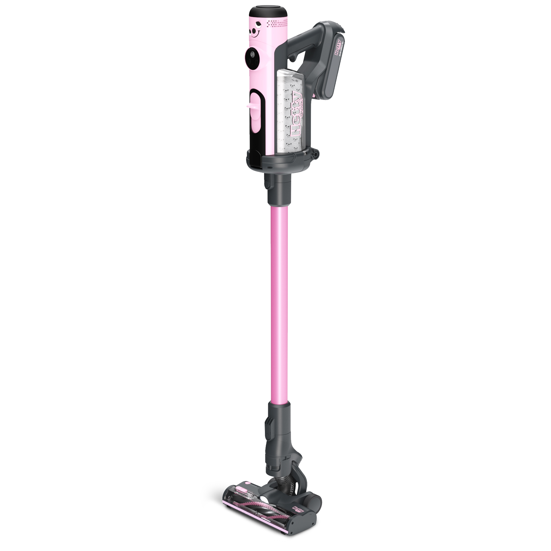 Pink and gray cordless vacuum cleaner with a long handle and a cleaning head.