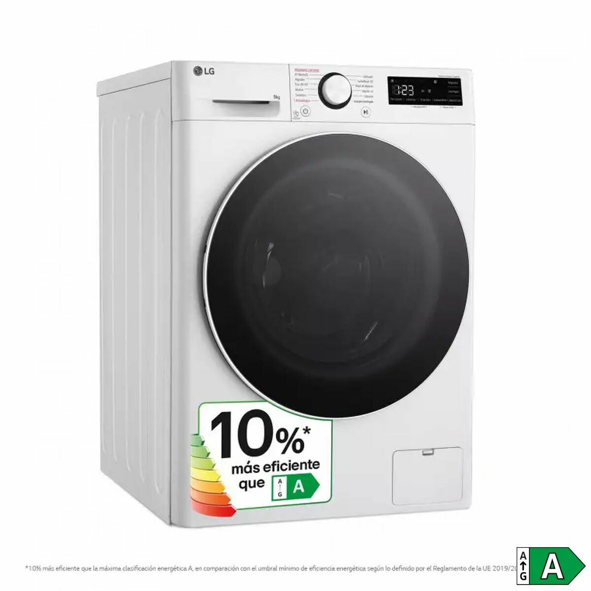 Una lavadora LG blanca con una etiqueta de energía y un panel de control.