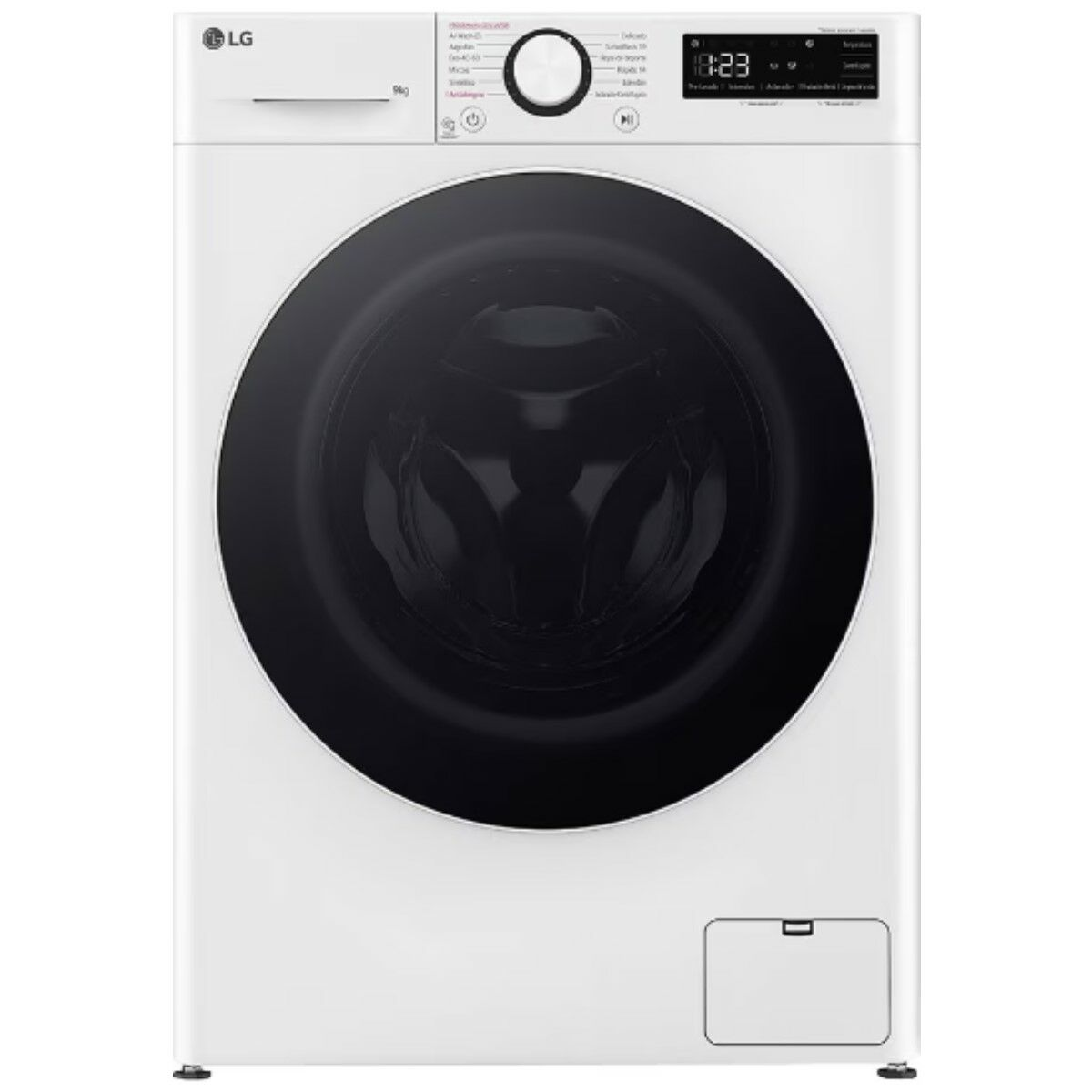 Lavadora blanca con puerta negra, aislada sobre blanco.
