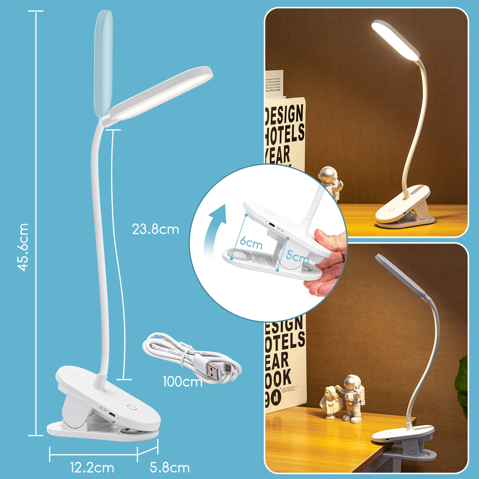 Lampada da scrivania bianca con testa regolabile, base a clip nera e dimensioni indicate.