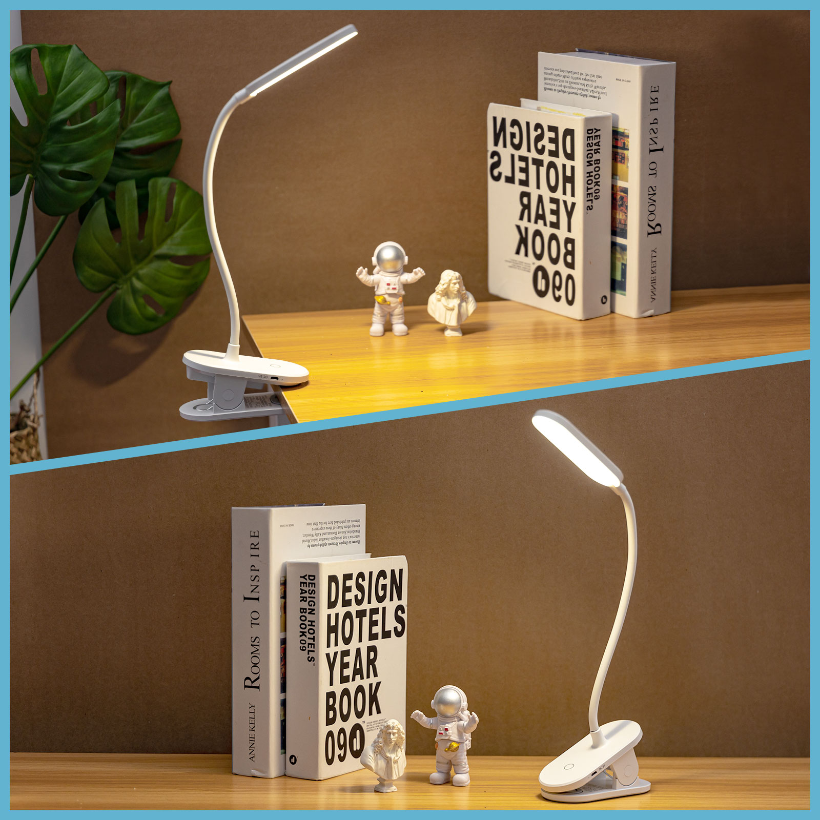 Due lampade da scrivania con bracci regolabili e base a clip. Sono presenti anche libri e statuine.