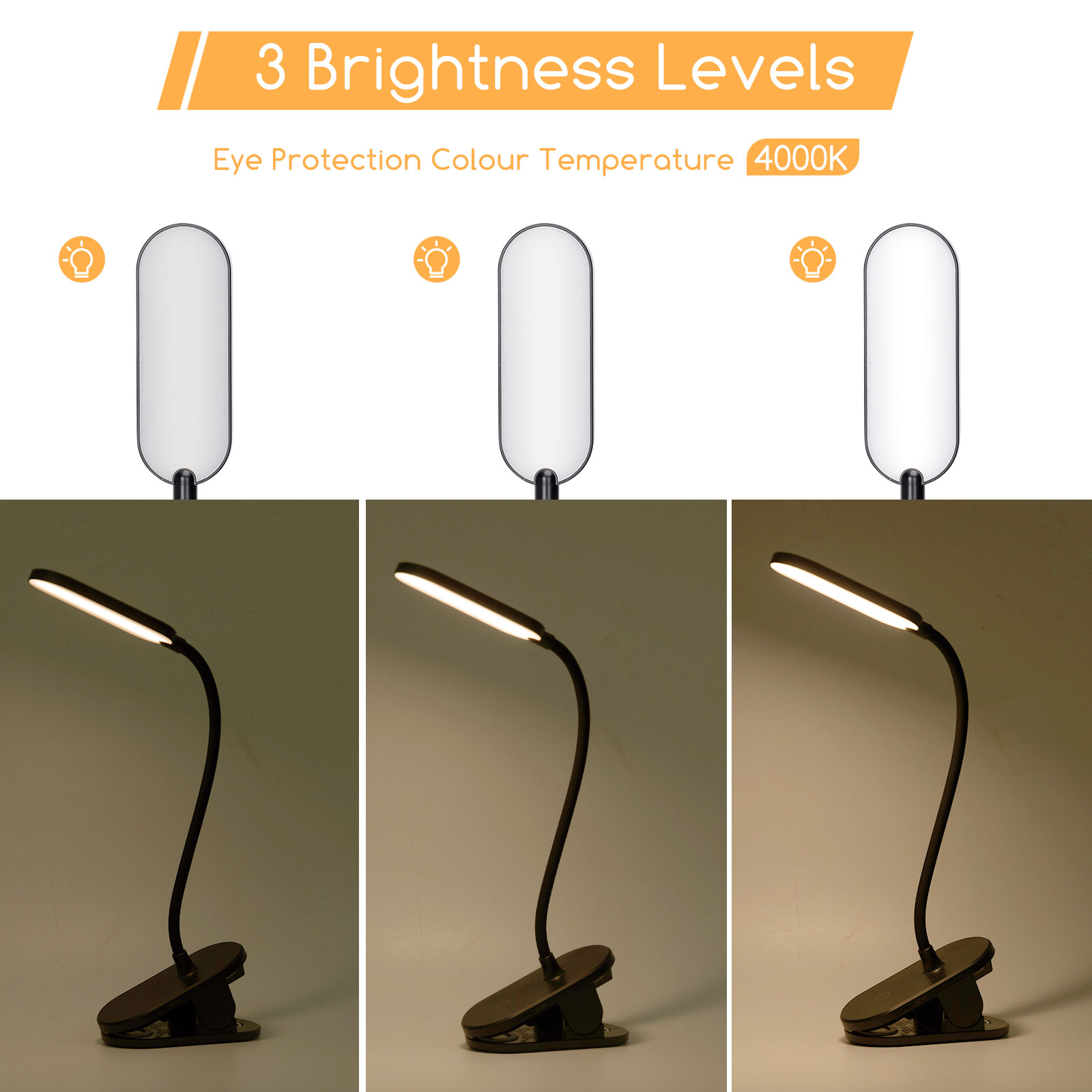 Tre lampade con diverse impostazioni di luminosità. Ogni lampada ha una base nera.