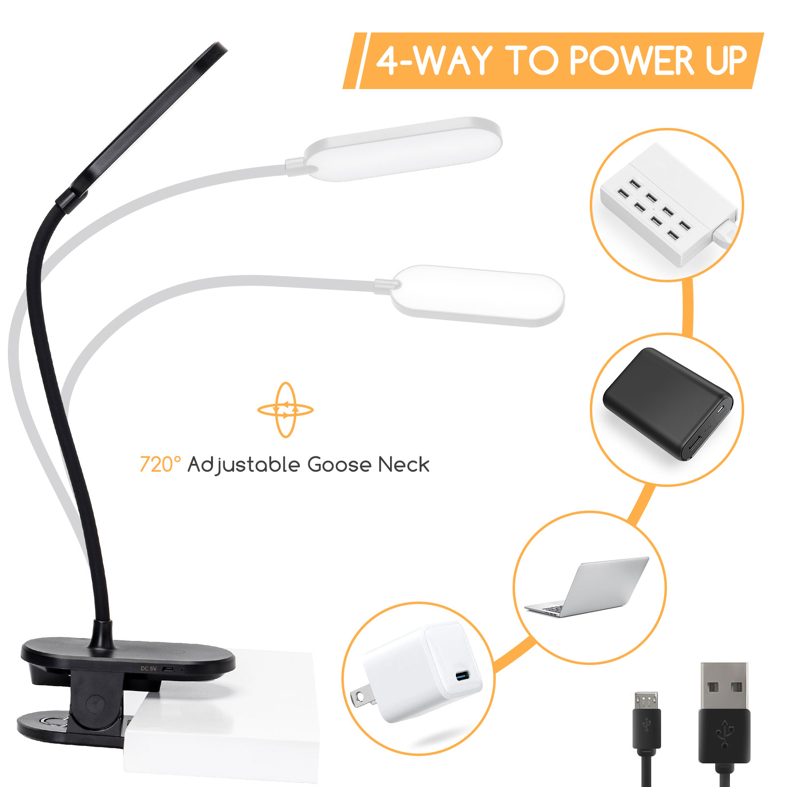 Lampada da scrivania nera con collo flessibile, base bianca e diagramma delle opzioni di alimentazione.