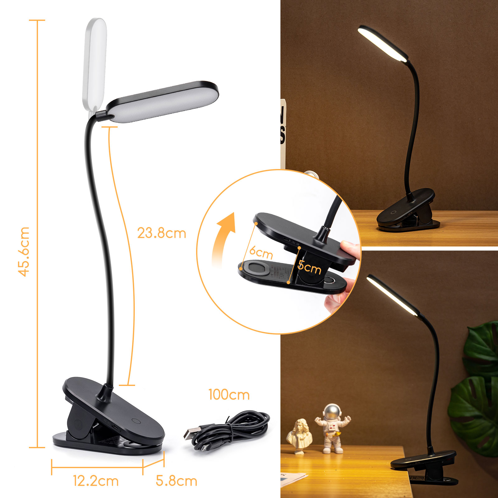 Lampada da scrivania nera con clip e collo flessibile. Include dimensioni e cavo di alimentazione.