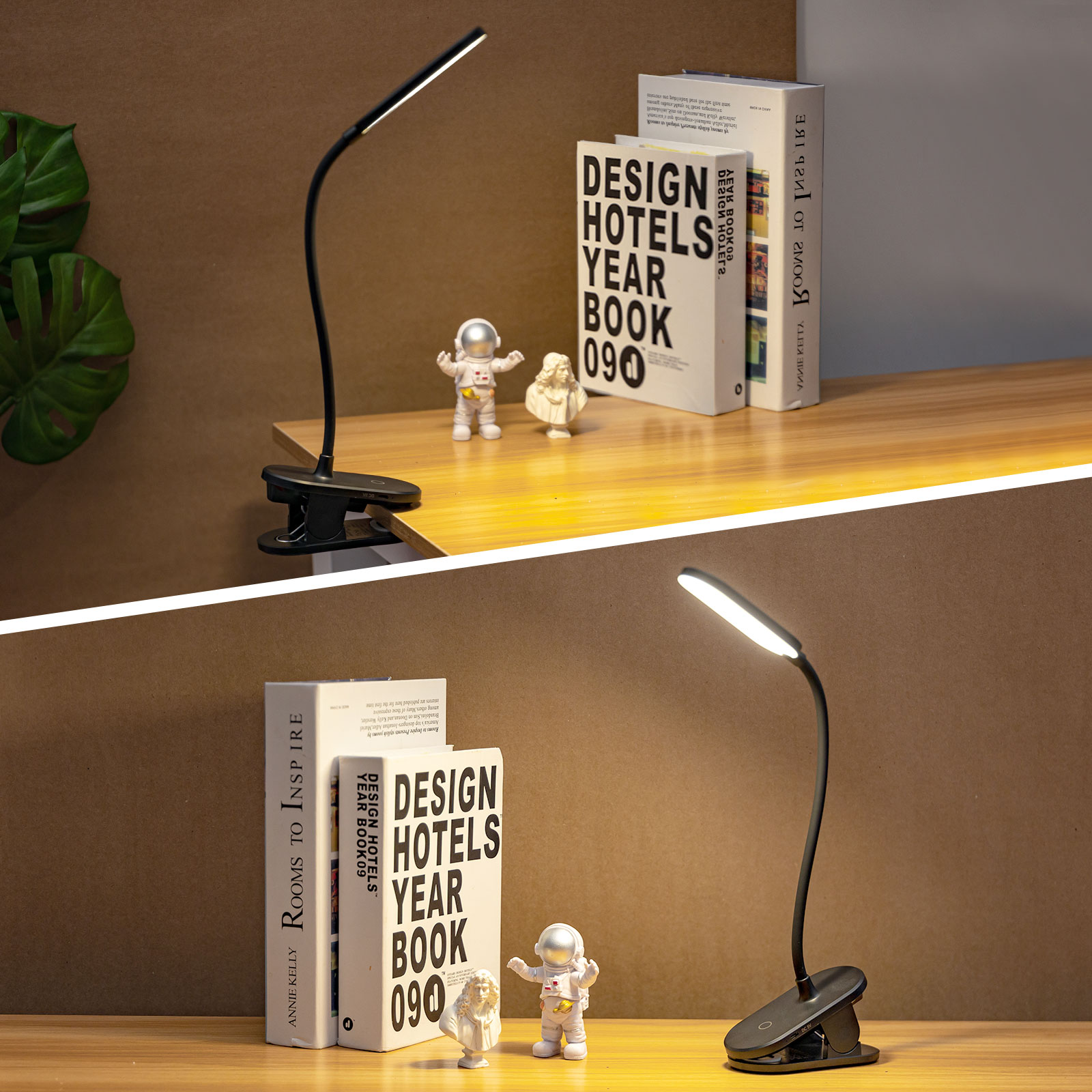 Una lampada da scrivania nera con clip è mostrata. Due immagini mostrano la lampada accesa e spenta, con libri e figurine.