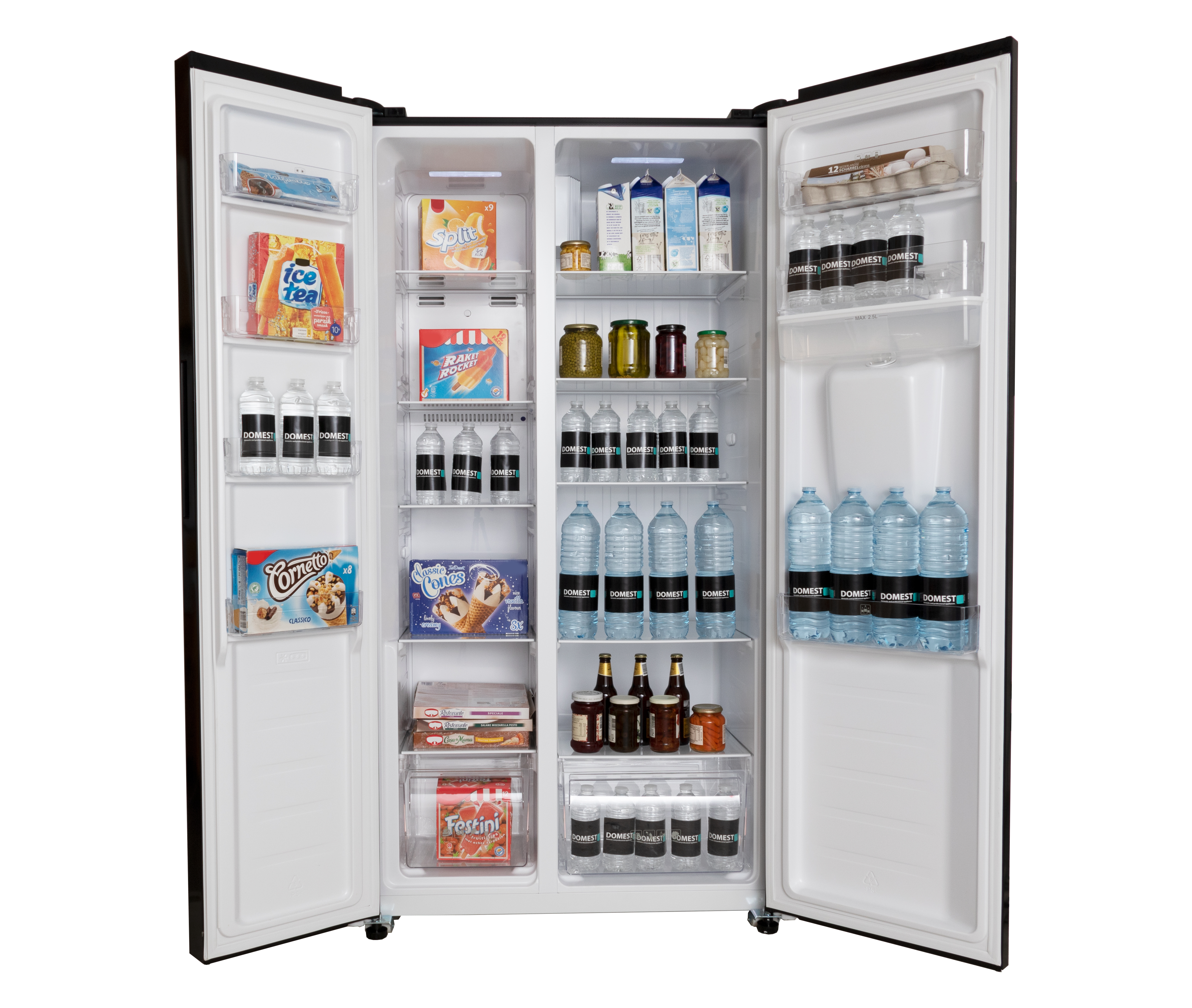 Open black refrigerator filled with food items. Contains shelves with various products, including drinks.