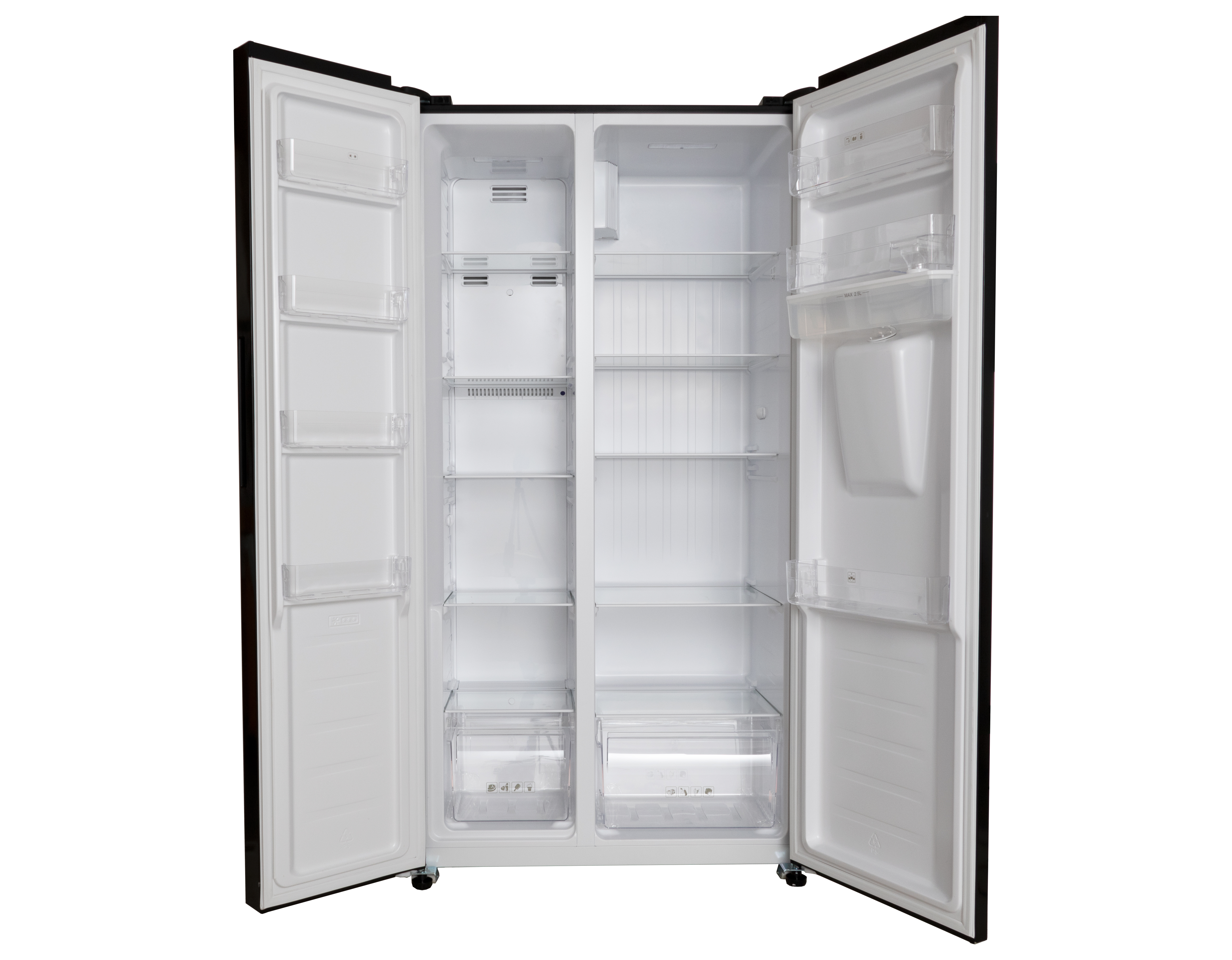 Black refrigerator with open doors, revealing shelves and drawers, against a white background.