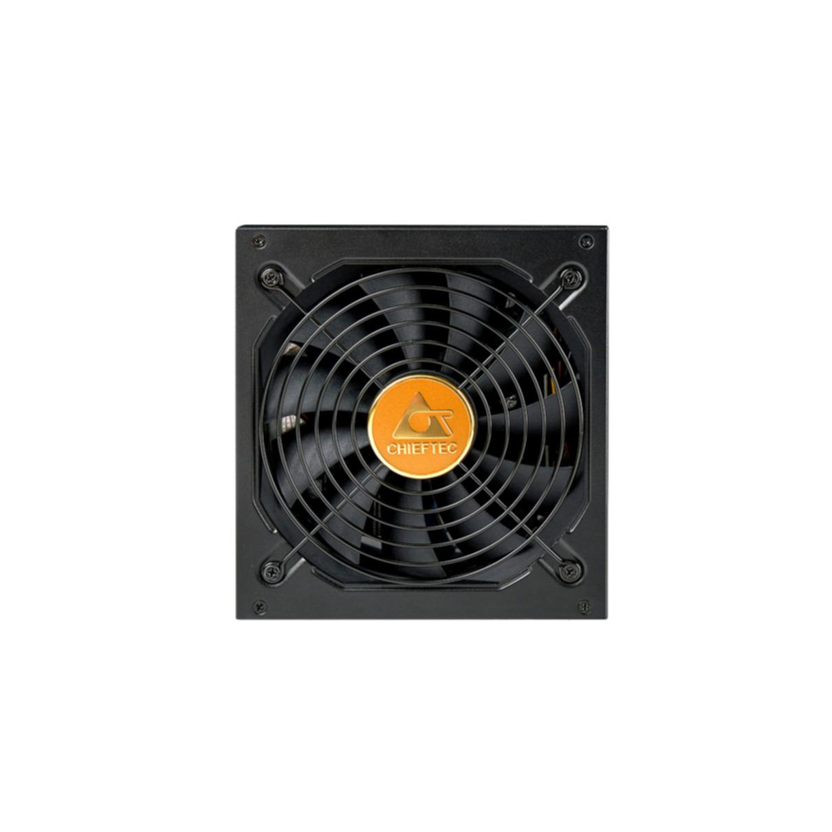 Czarny zasilacz komputerowy z kratką ochronną i wentylatorem z pomarańczowym logo.