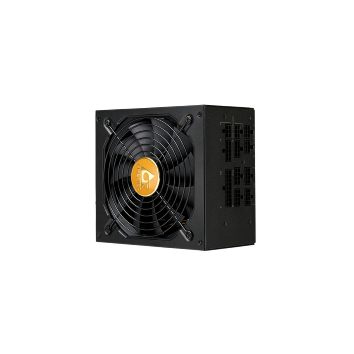 Czarny zasilacz komputera z wentylatorem na białym tle.