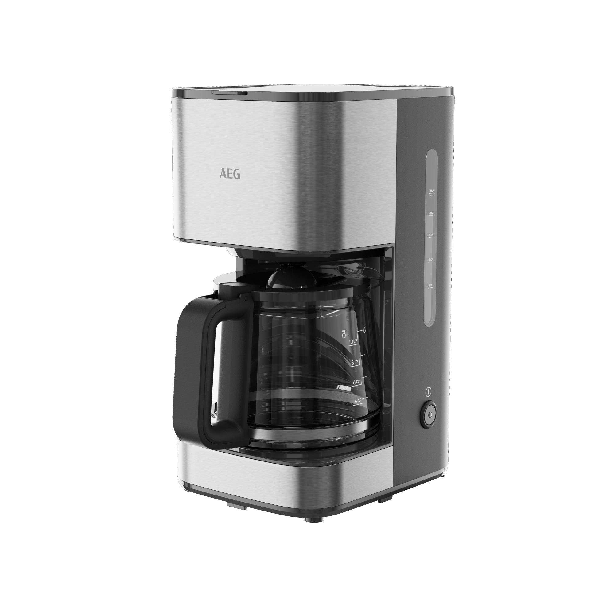 Cafetera AEG, acabado plateado metálico, jarra de vidrio y asa negra sobre fondo negro.