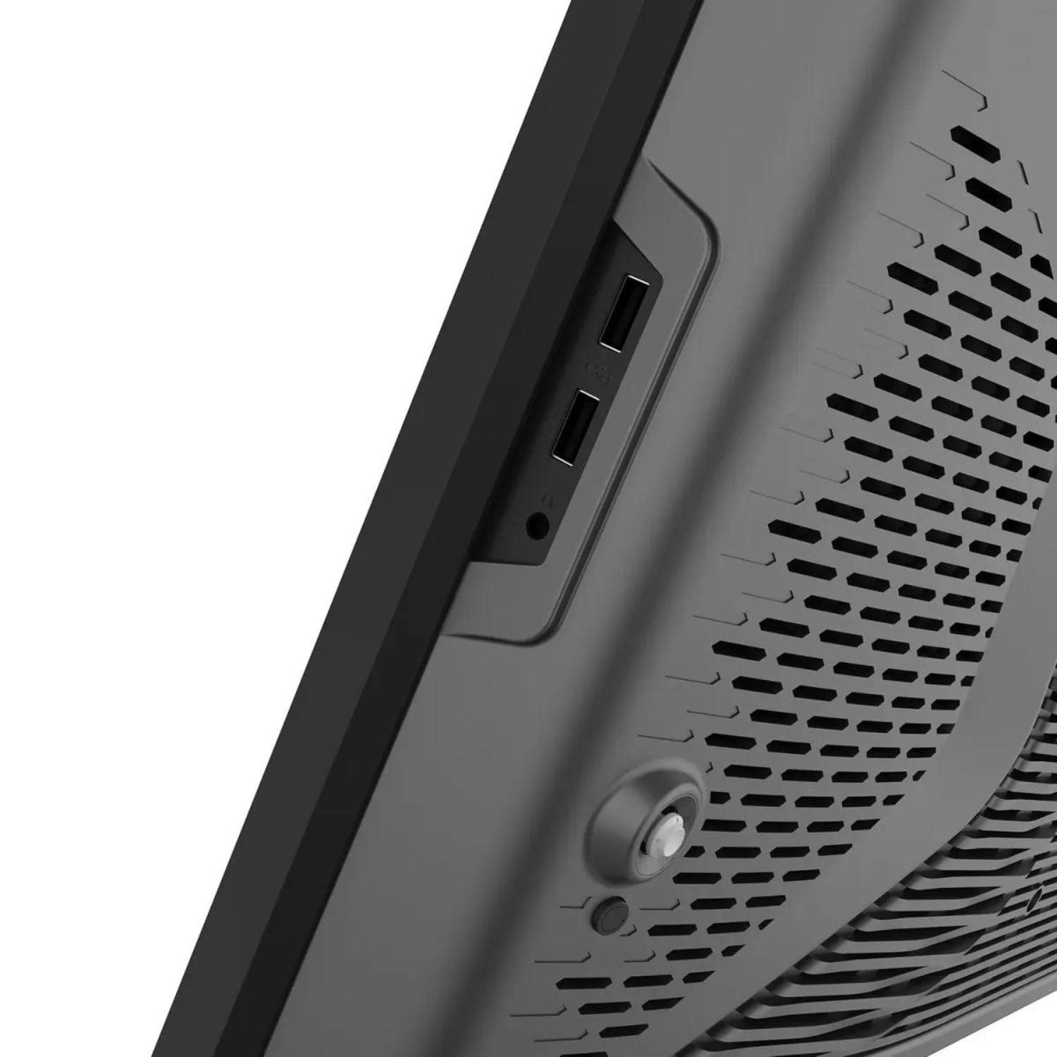 Un componente del computer grigio con due porte USB e molteplici fori di ventilazione.