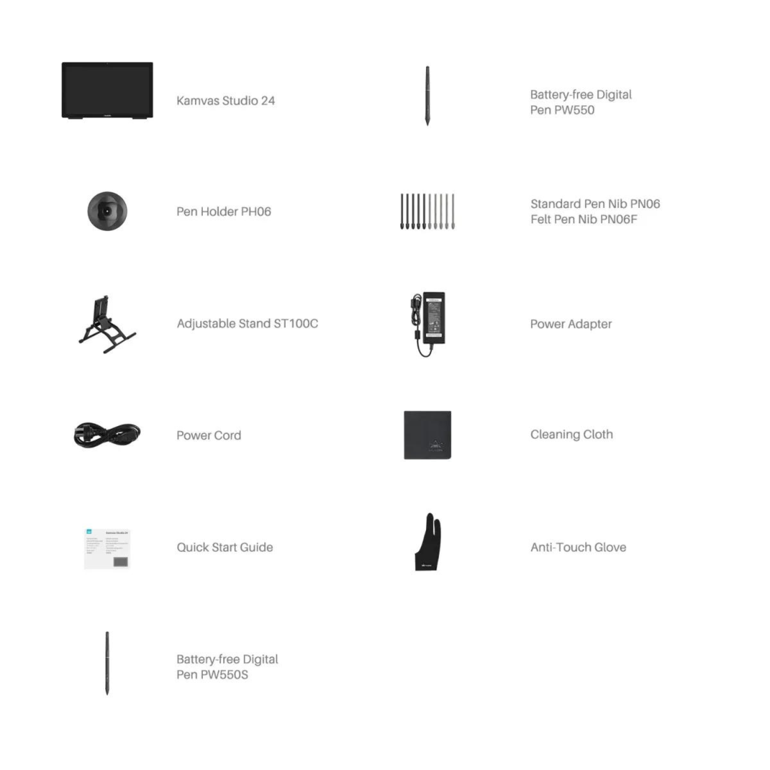 Varie forniture per l'arte digitale, tra cui uno schermo con penna, una penna, un portapenna e altri accessori.
