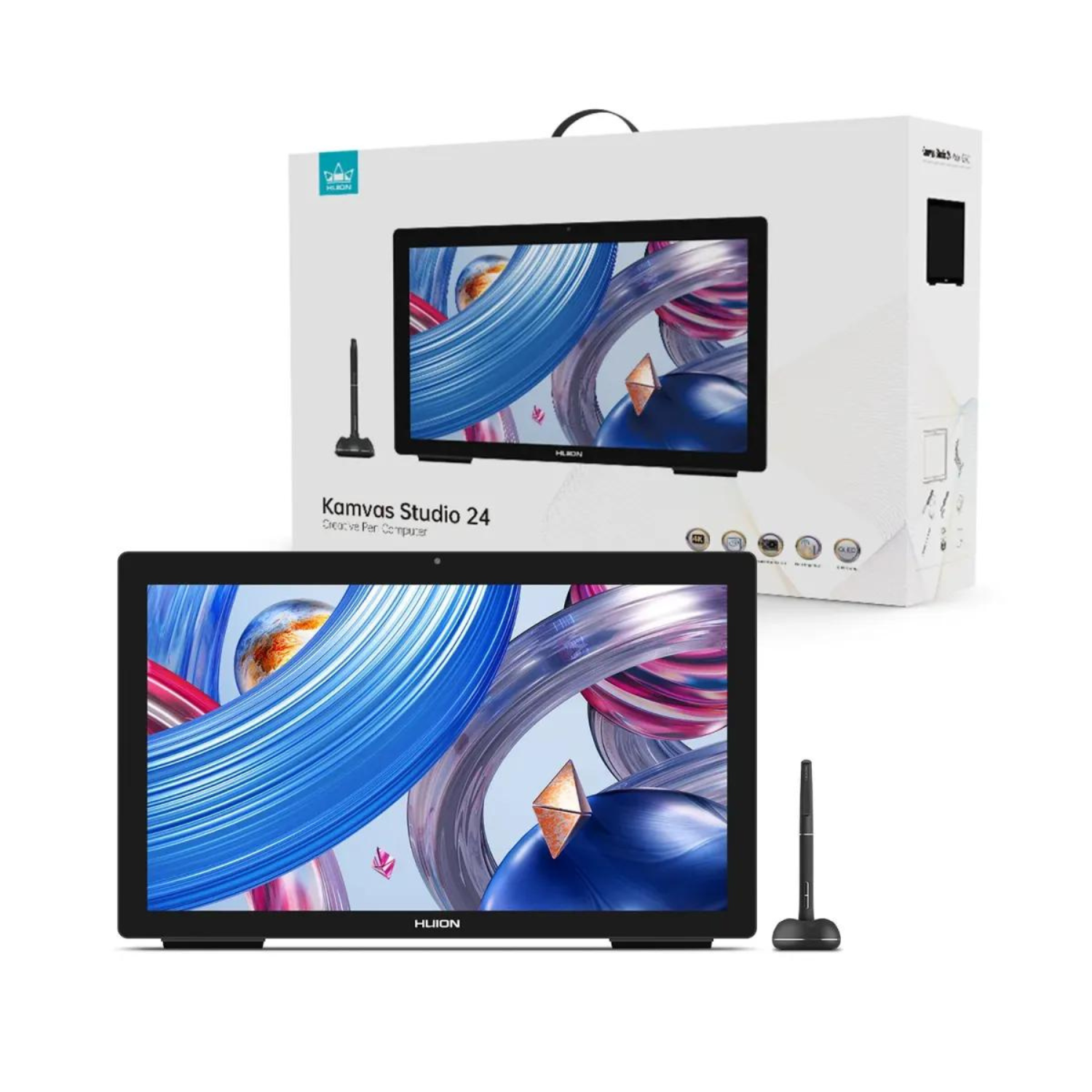 Tablet e scatola. Il tablet mostra un design blu e rosso. La scatola è bianca.