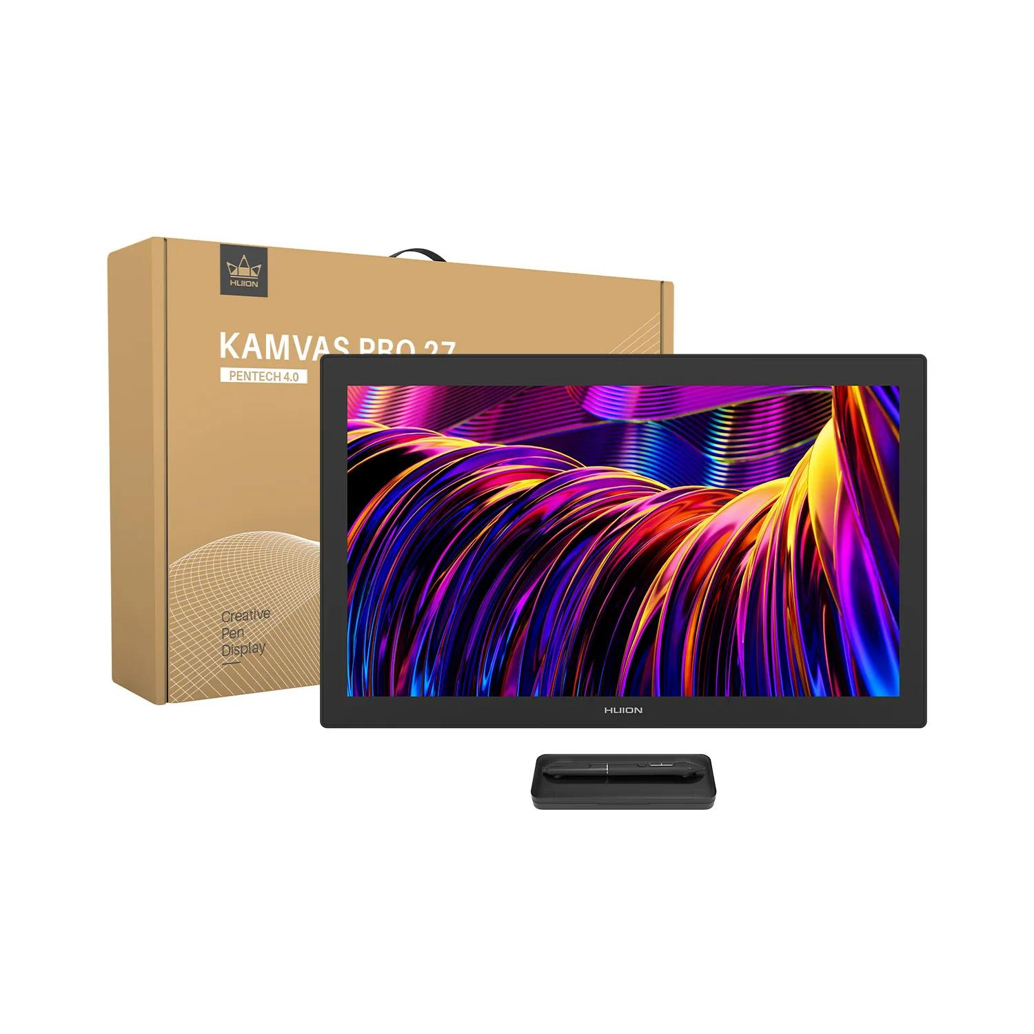 Display con penna Huion Kamvas Pro 27 con penna, scatola sullo sfondo.