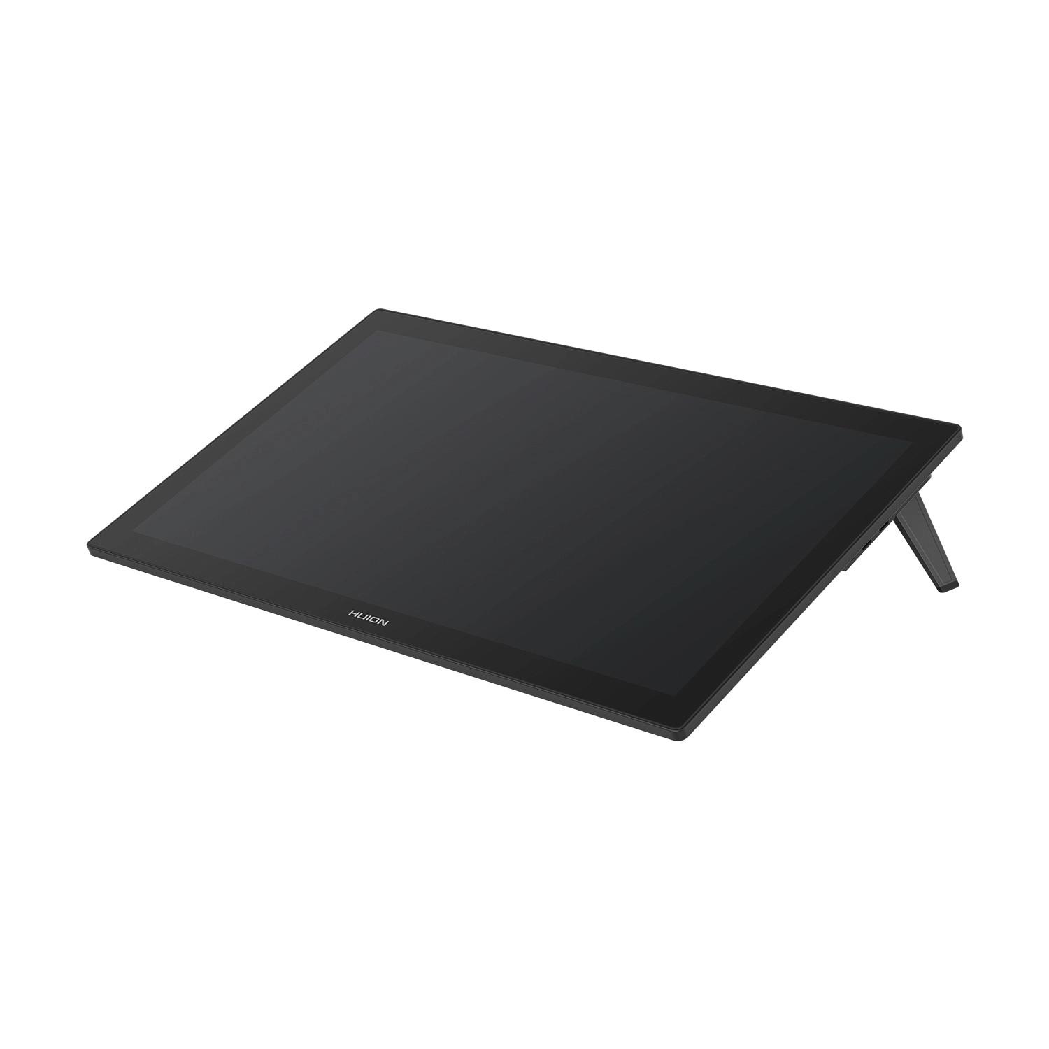 Un tablet da disegno nero con supporto, isolato su sfondo bianco.