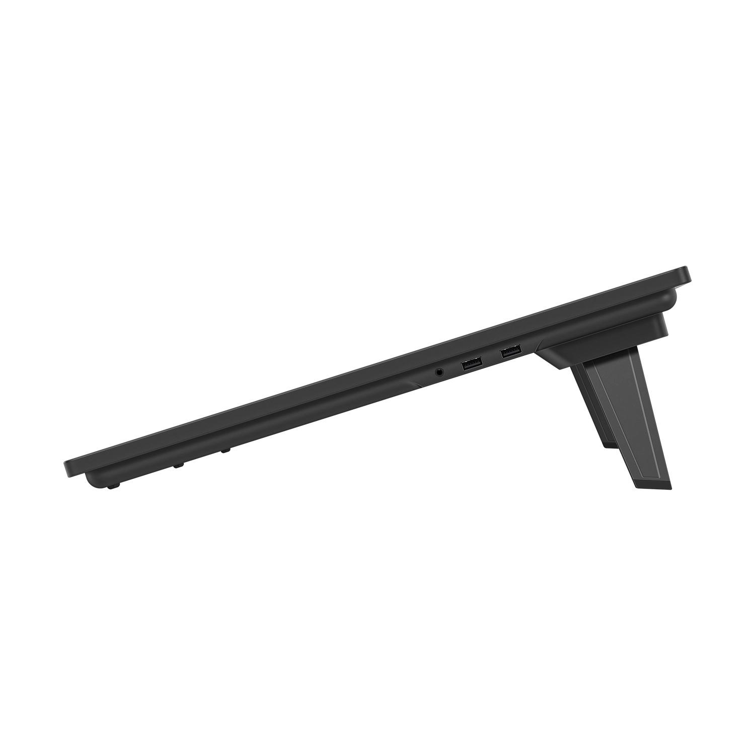 Una base per laptop nera con porte USB e un supporto. Vista laterale.